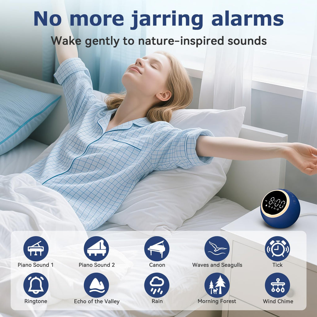 Rohent White Noise Sound Machine with Clock - 30 Sounds, 32 Volume Levels, Memory (Blue)