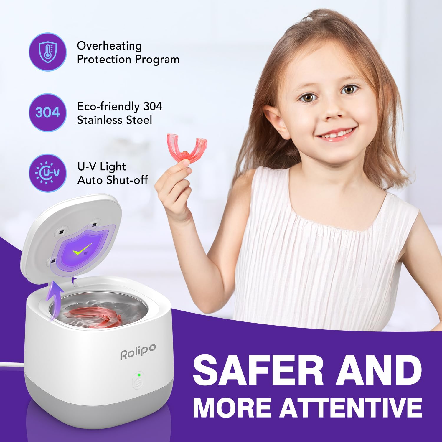 Rolipo Ultrasonic Retainer Cleaner 320ML – 45kHz Denture Cleaner with 4 UV Lamps