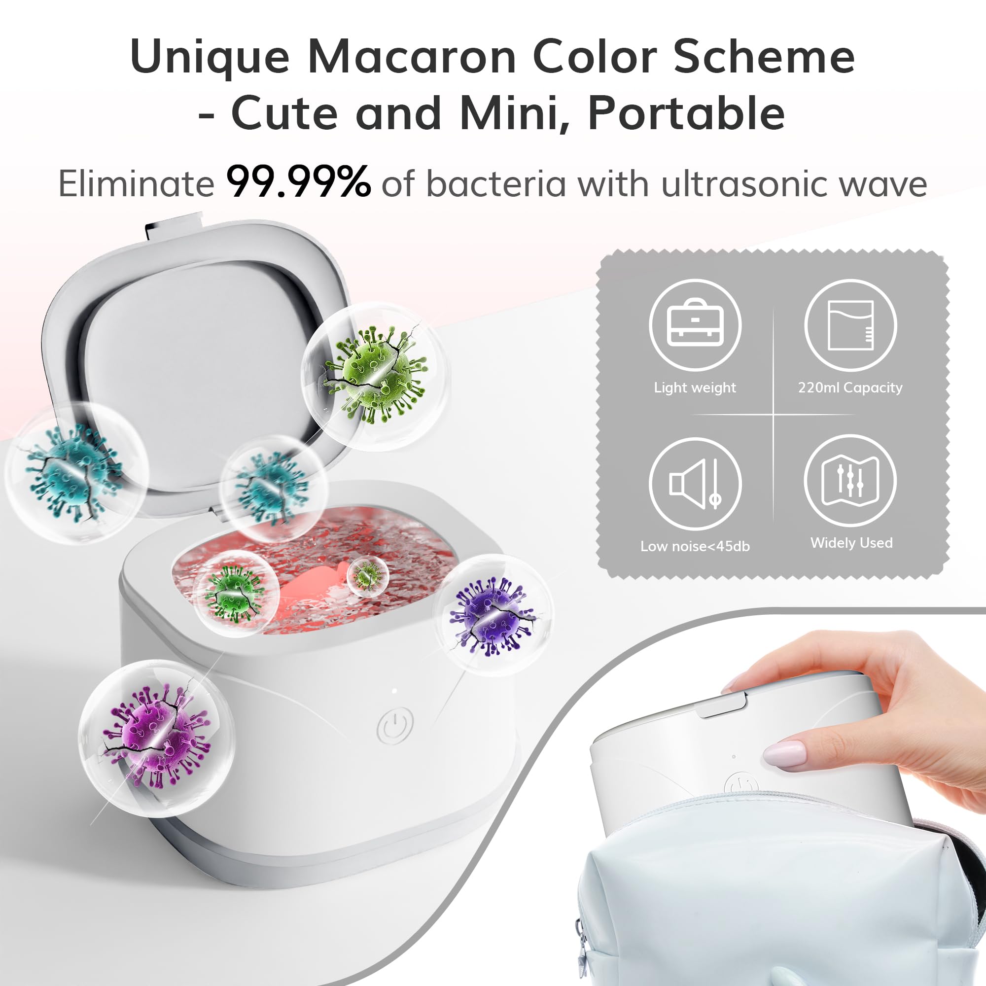 ROLWAY Ultrasonic Retainer Cleaner 46kHz – 220ml, One-Touch Deep Cleaning for Mouth Guards & Aligners (White)