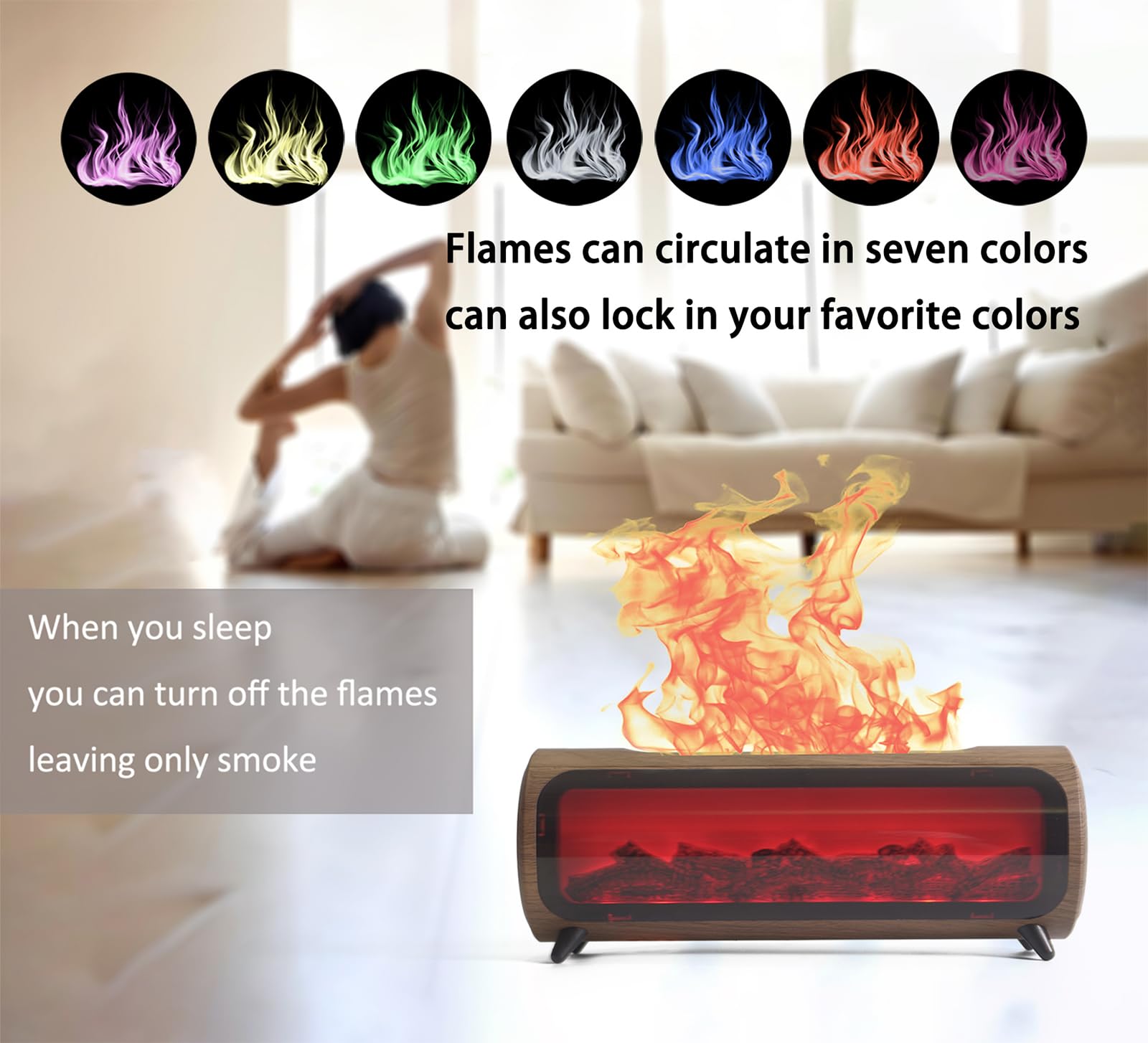 Romanplux Flame Diffuser Humidifier — 7-Color Flame, Wood Shape Fireplace Design with Auto-Shutoff
