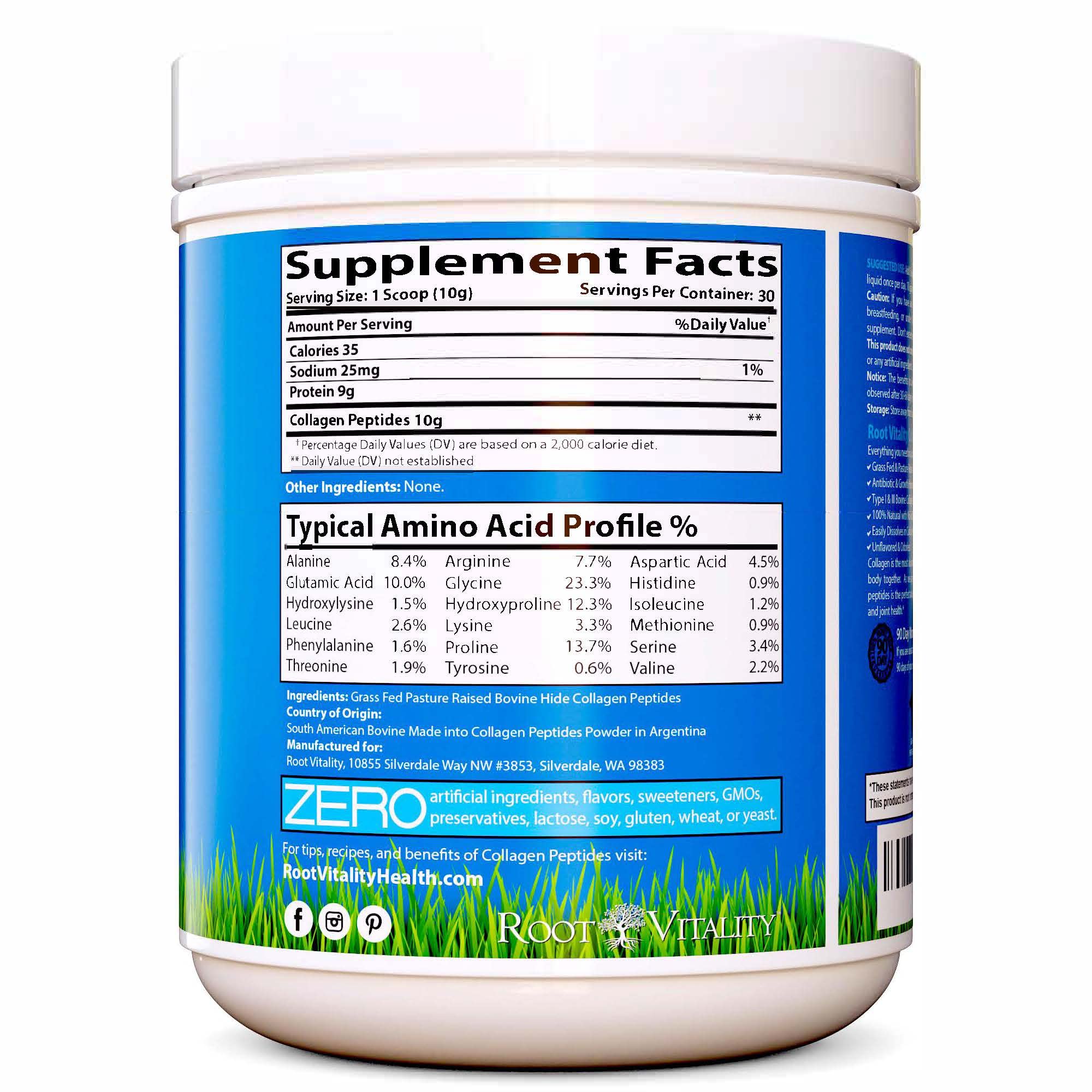 Root Vitality Collagen Peptides Powder – Grass-Fed, Non-GMO, Skin, Hair & Nails, 30 Servings