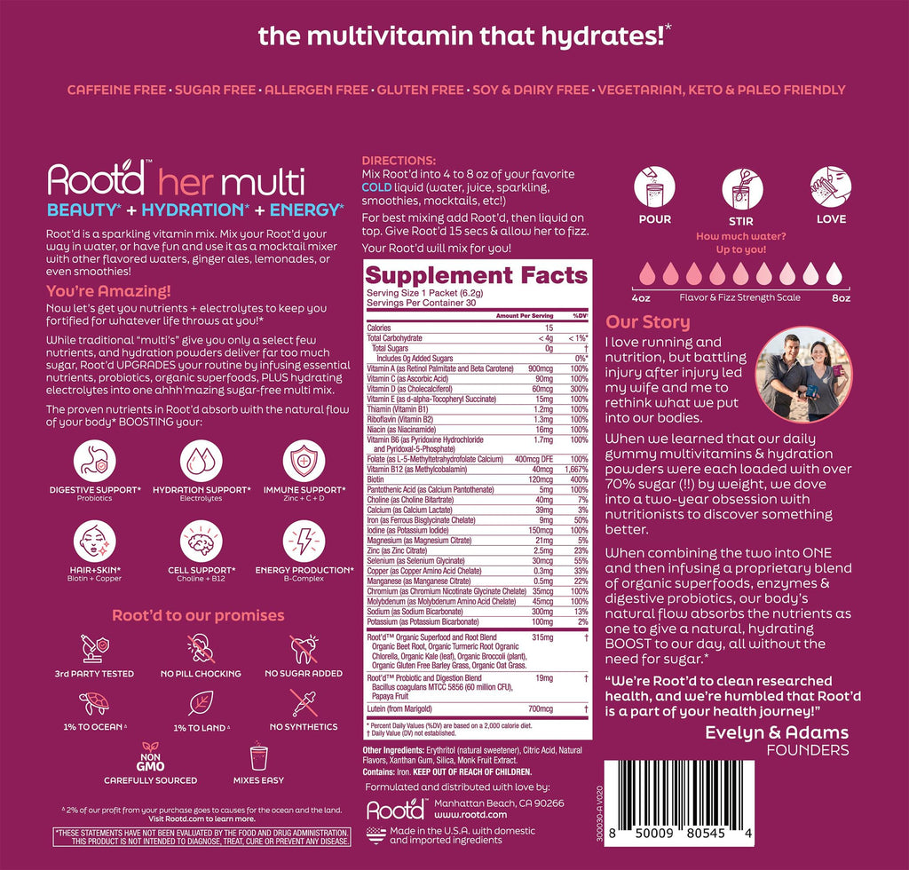 Root'd Multivitamin Powder for Women – 25 Vitamins & 3x Electrolytes | 9 Organic Superfoods | Sugar-Free Hydration | 30 Packets