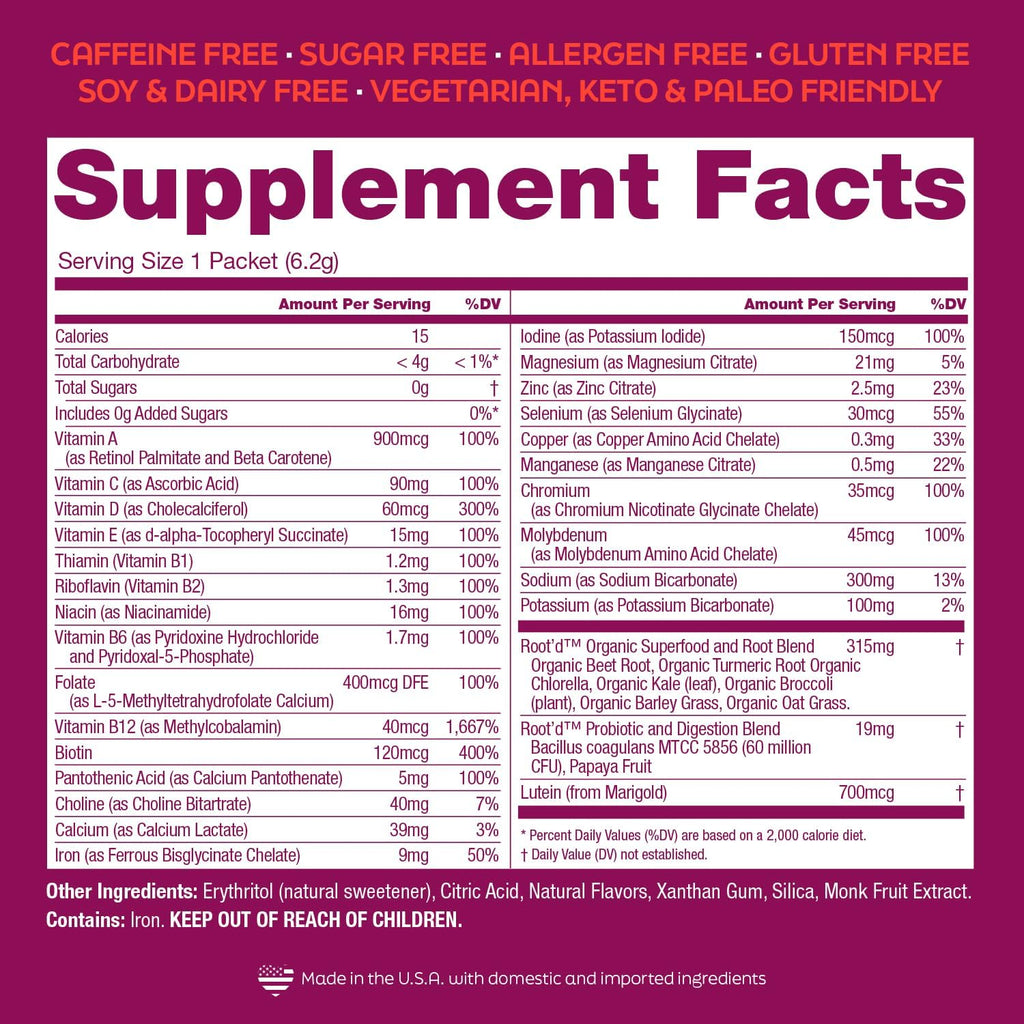 Root'd Multivitamin Powder for Women – 25 Vitamins & 3x Hydration | Sugar-Free, 24 Packets