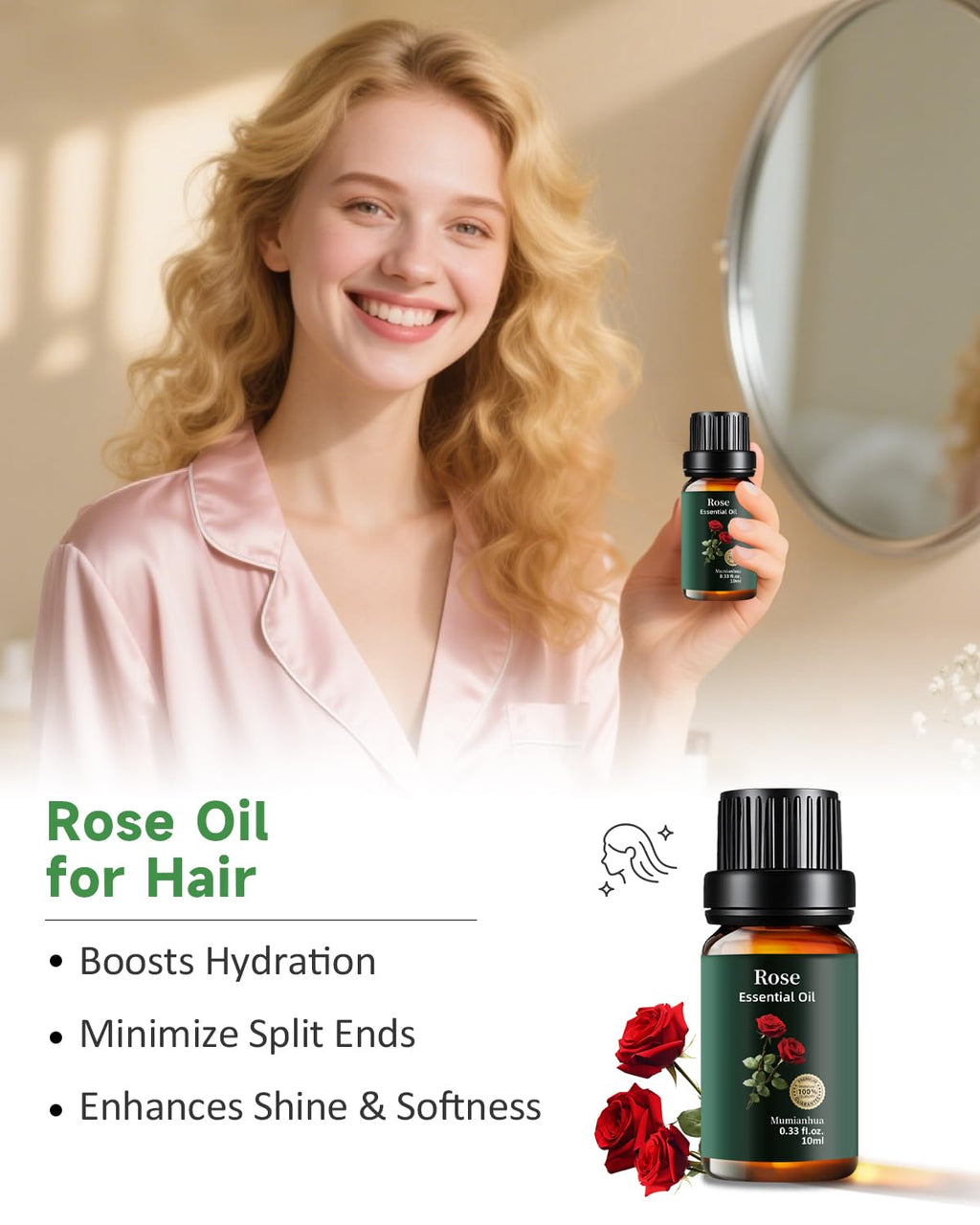 Rose Essential Oil - 100% Pure & Natural (0.33 fl oz / 10ml) | Aromatherapy, Skincare & Haircare | Mumianhua
