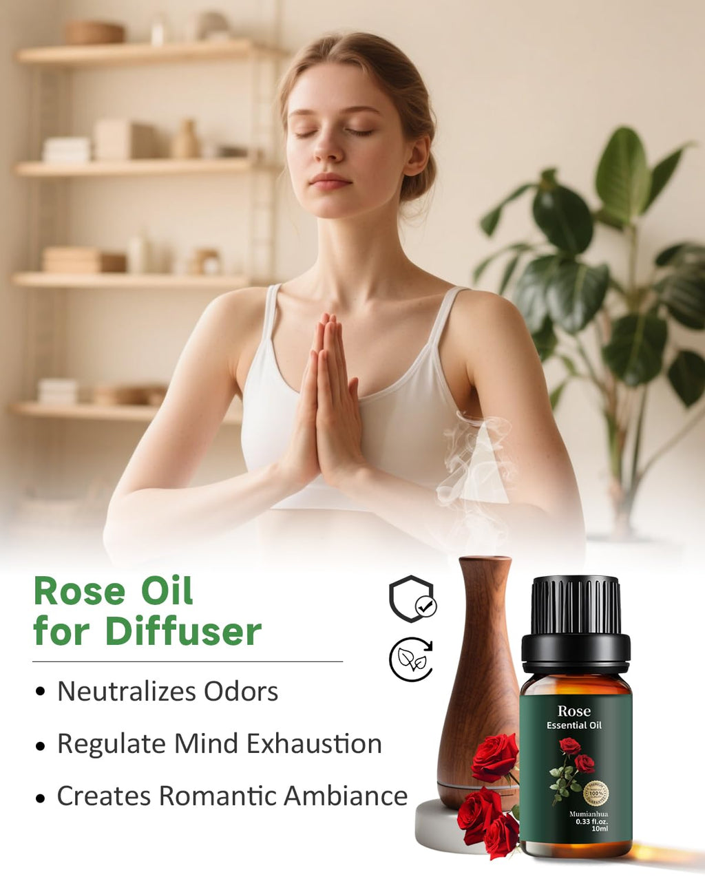 Rose Essential Oil - 100% Pure & Natural (0.33 fl oz / 10ml) | Aromatherapy, Skincare & Haircare | Mumianhua