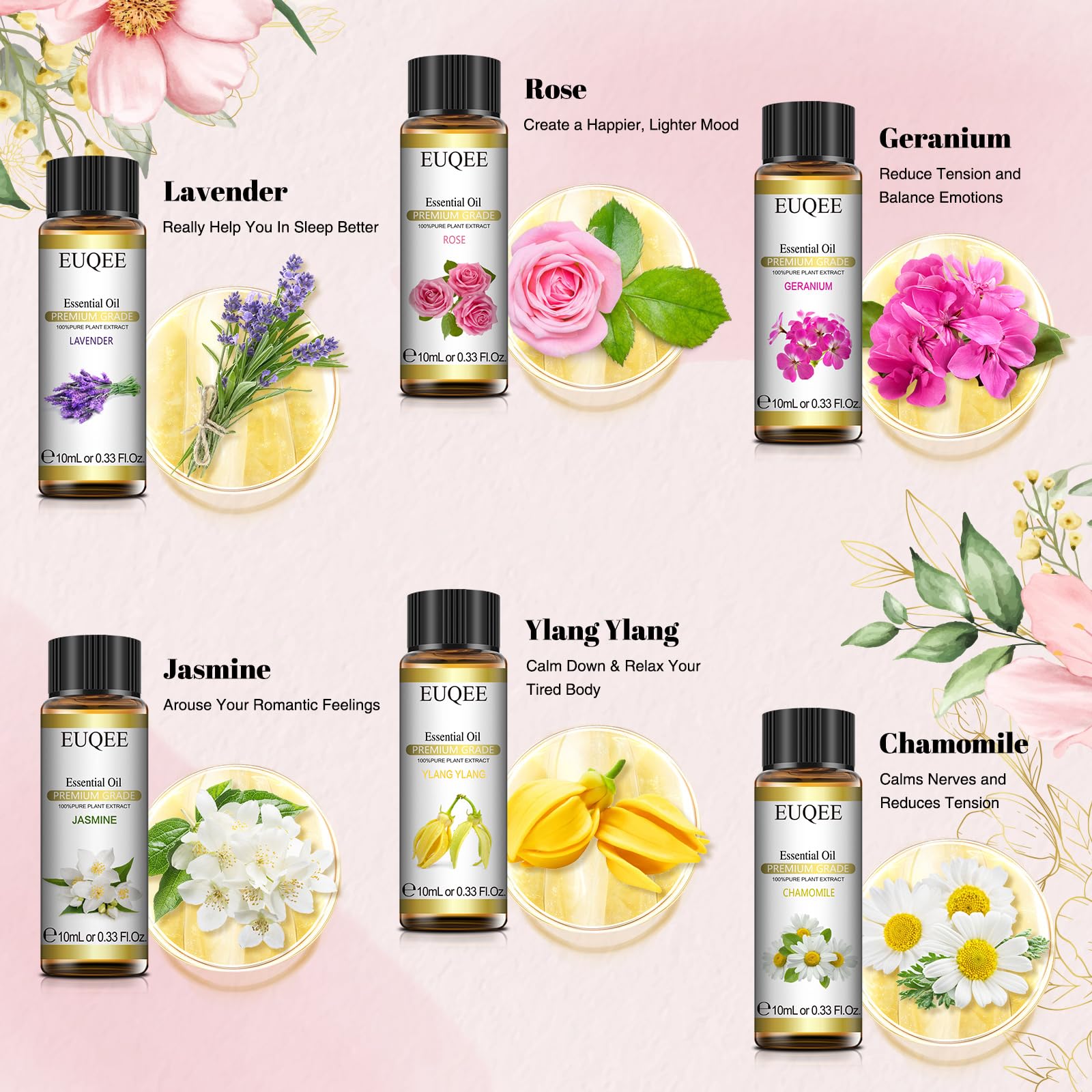 EUQEE Floral Essential Oils Set of 6 – 10ml Diffuser, Soap & Candle Oils