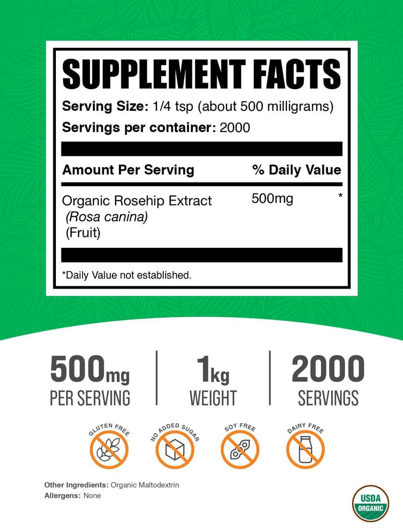 BulkSupplements Organic Rosehip Extract Powder – Gluten Free Rosehip Powder, 500mg/Serving, 1kg