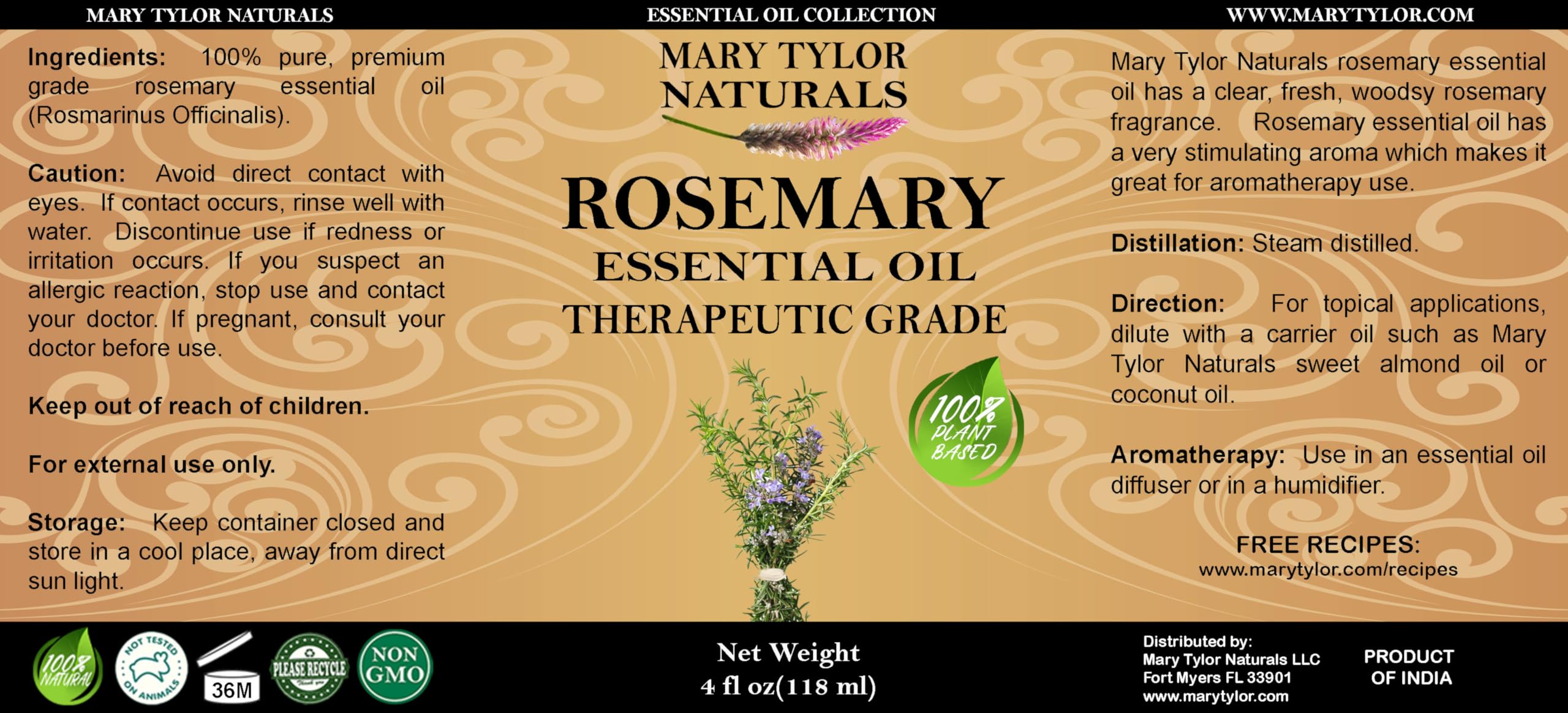 Rosemary Essential Oil (4 oz) Premium Therapeutic Grade – 100% Pure & Natural | Mary Tylor Naturals
