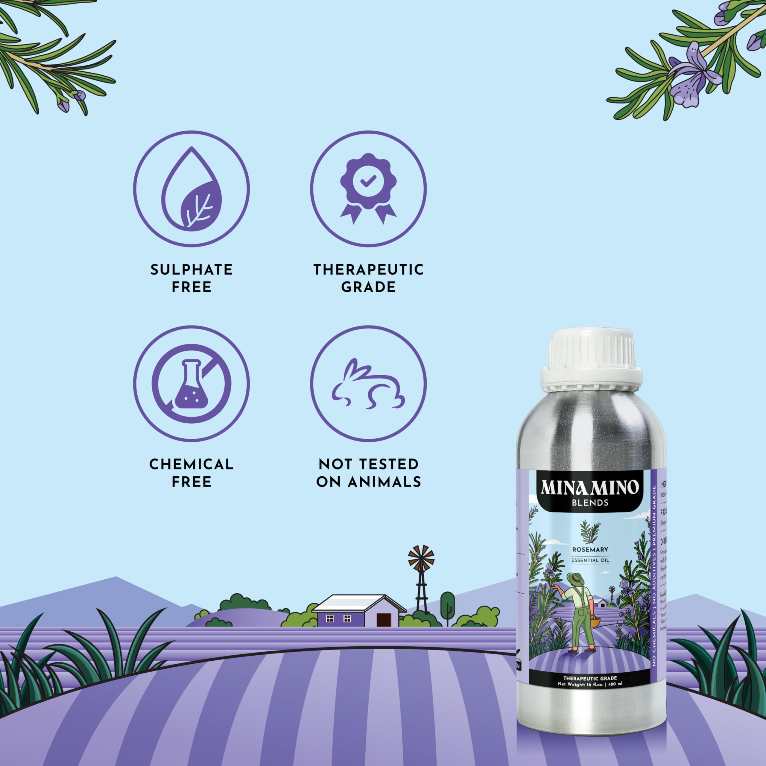 Rosemary Essential Oil 16 oz | 100% Pure & Natural | Aromatherapy & Diffuser | Minamino Blends