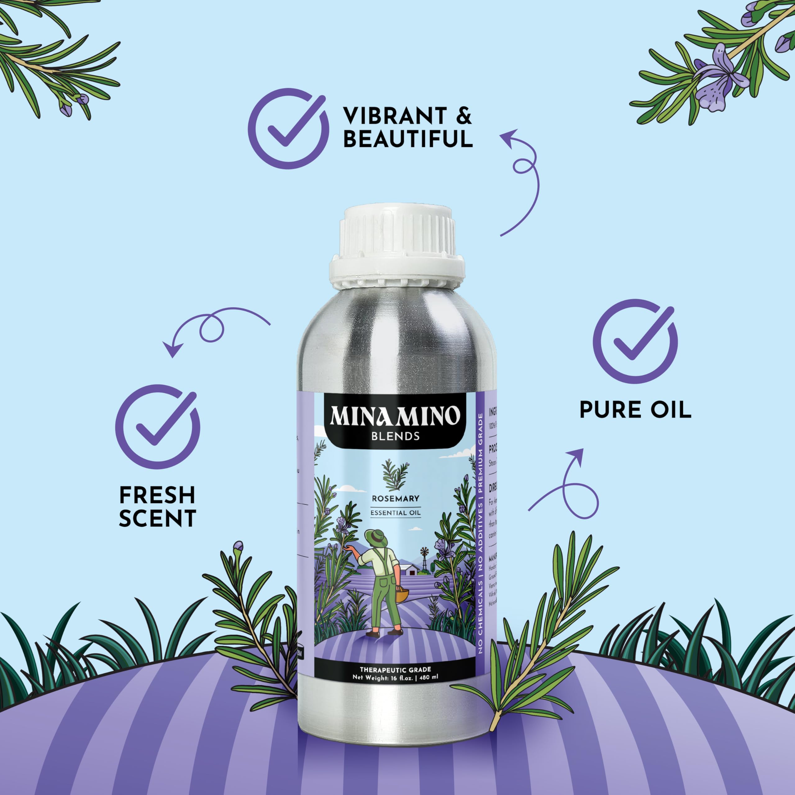 Rosemary Essential Oil 16 oz | 100% Pure & Natural | Aromatherapy & Diffuser | Minamino Blends
