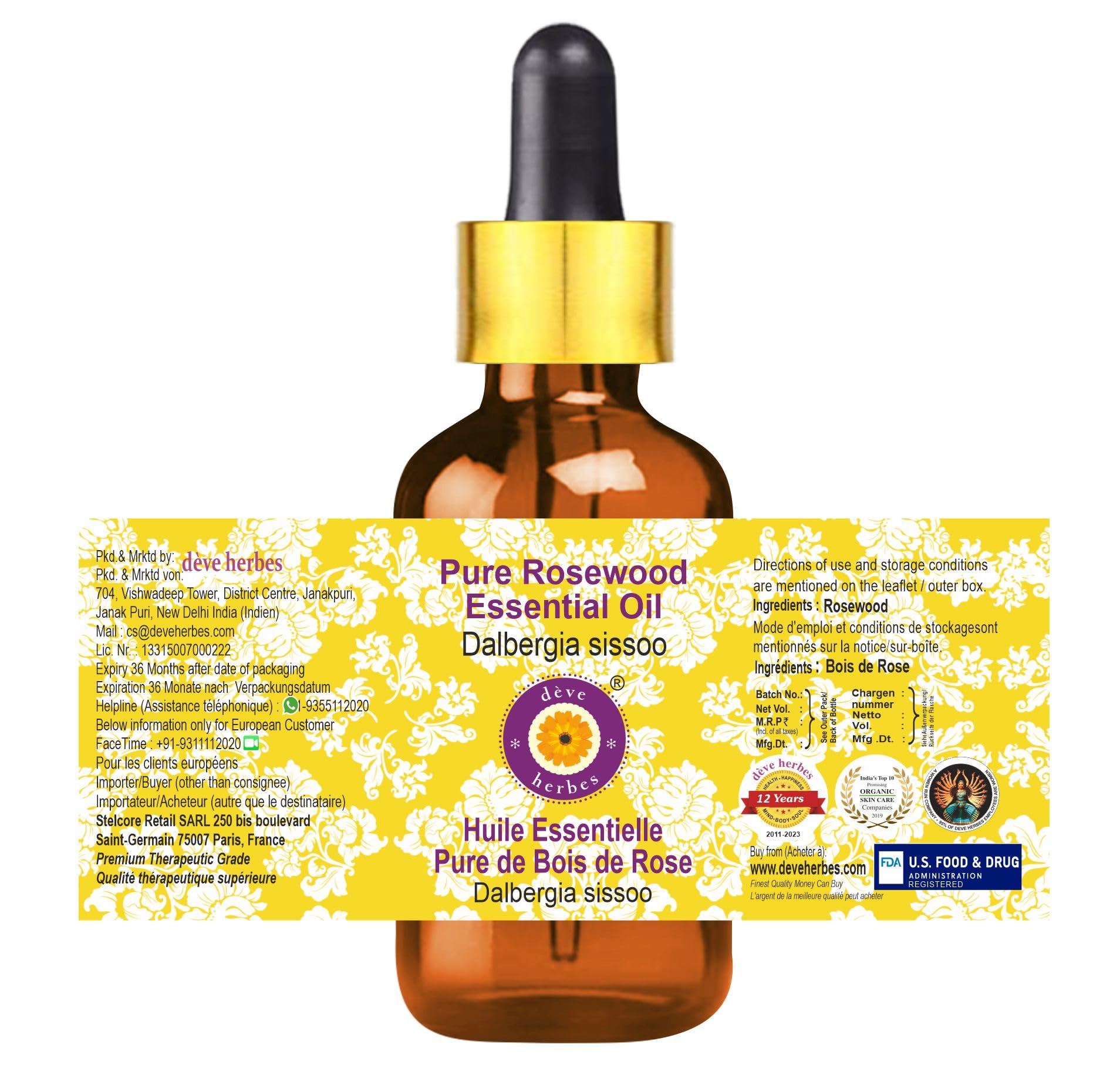 dève herbes Rosewood Essential Oil (Dalbergia Sissoo) with Glass Dropper - 15ml | Pure, Non-Sticky, Non-Greasy, Lightweight for All Skin Types