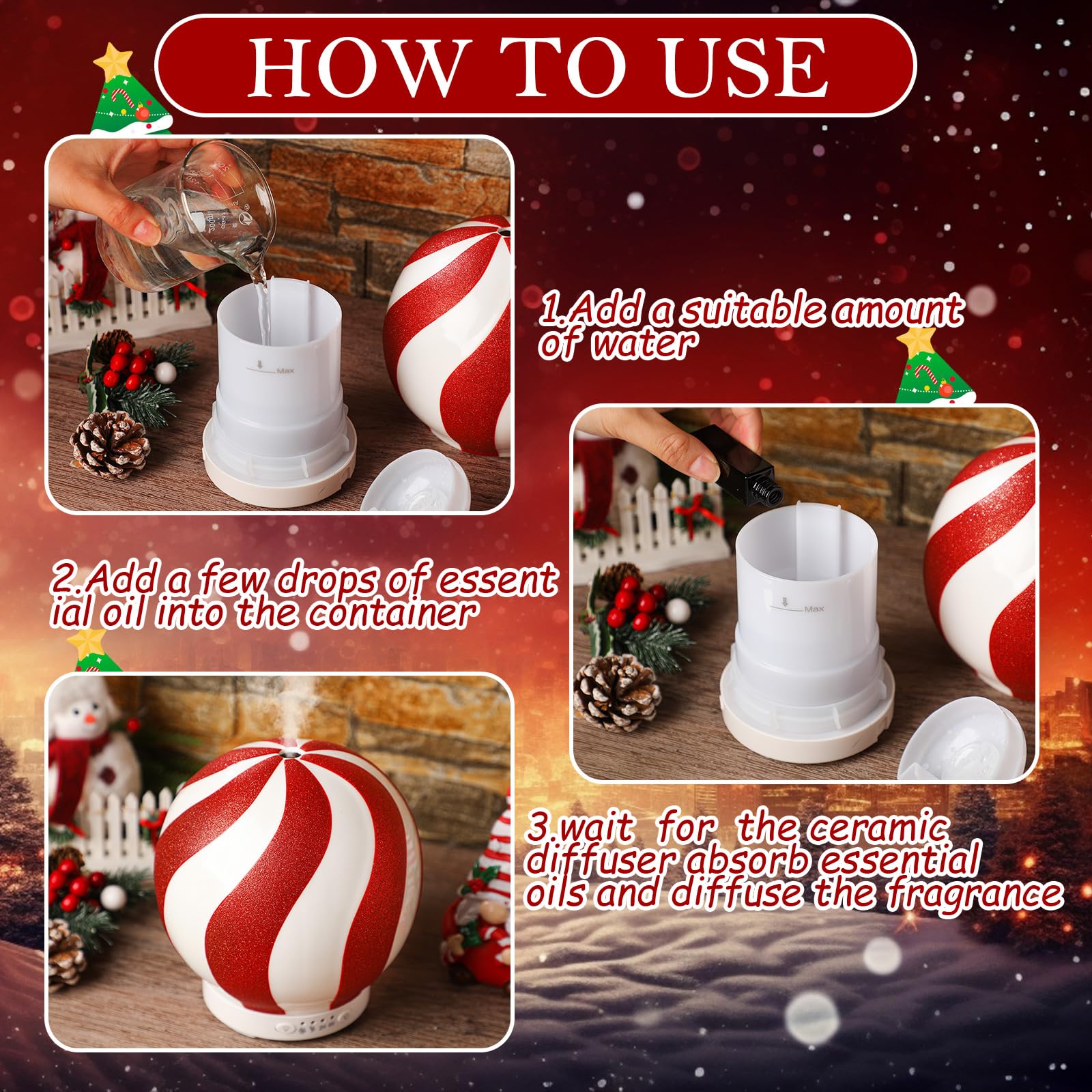 Rossesay Christmas Diffuser 120ml – Candy Cane Ceramic Humidifier