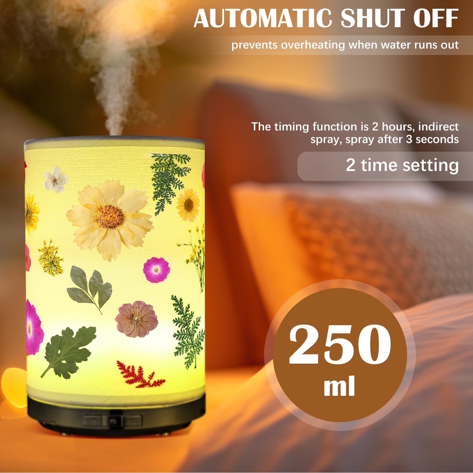 Rossesay Essential Oil Diffuser with Pressed Flower Lamp | 250ml, 7-Color LED, Auto-Off, 3 Mist Modes