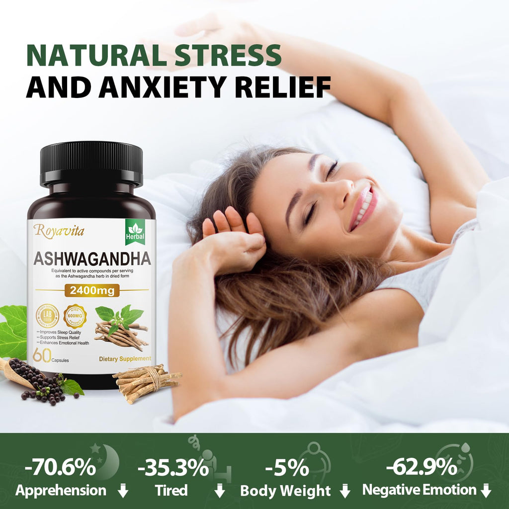 Royavita Ashwagandha 2400mg Organic with Black Pepper, B6 & B12 – 60 Capsules