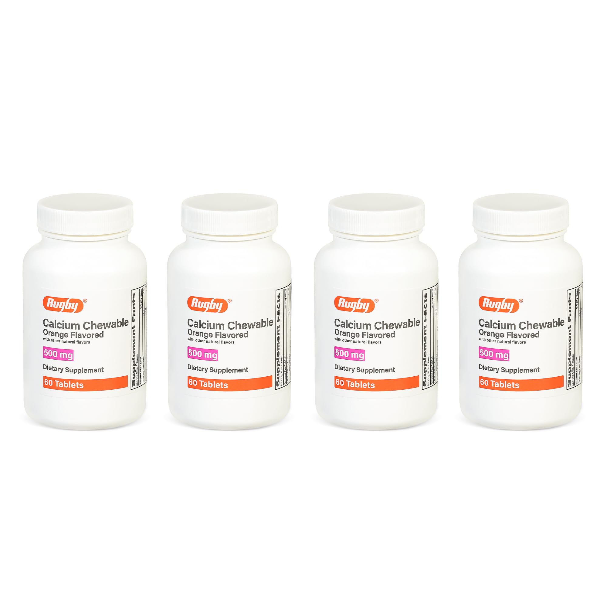 Rugby 500mg Calcium Chewable Tablets – Orange Flavor – 60 Count (4 Pack)