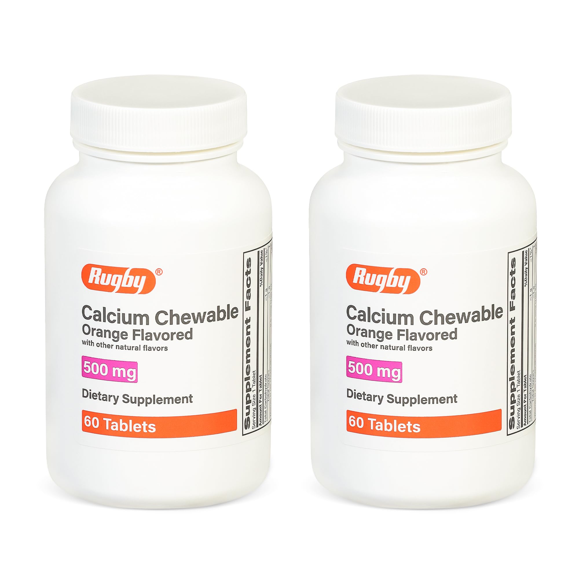 Rugby 500mg Calcium Chewable Tablets - Orange Flavor - 60 Count (2 Pack)