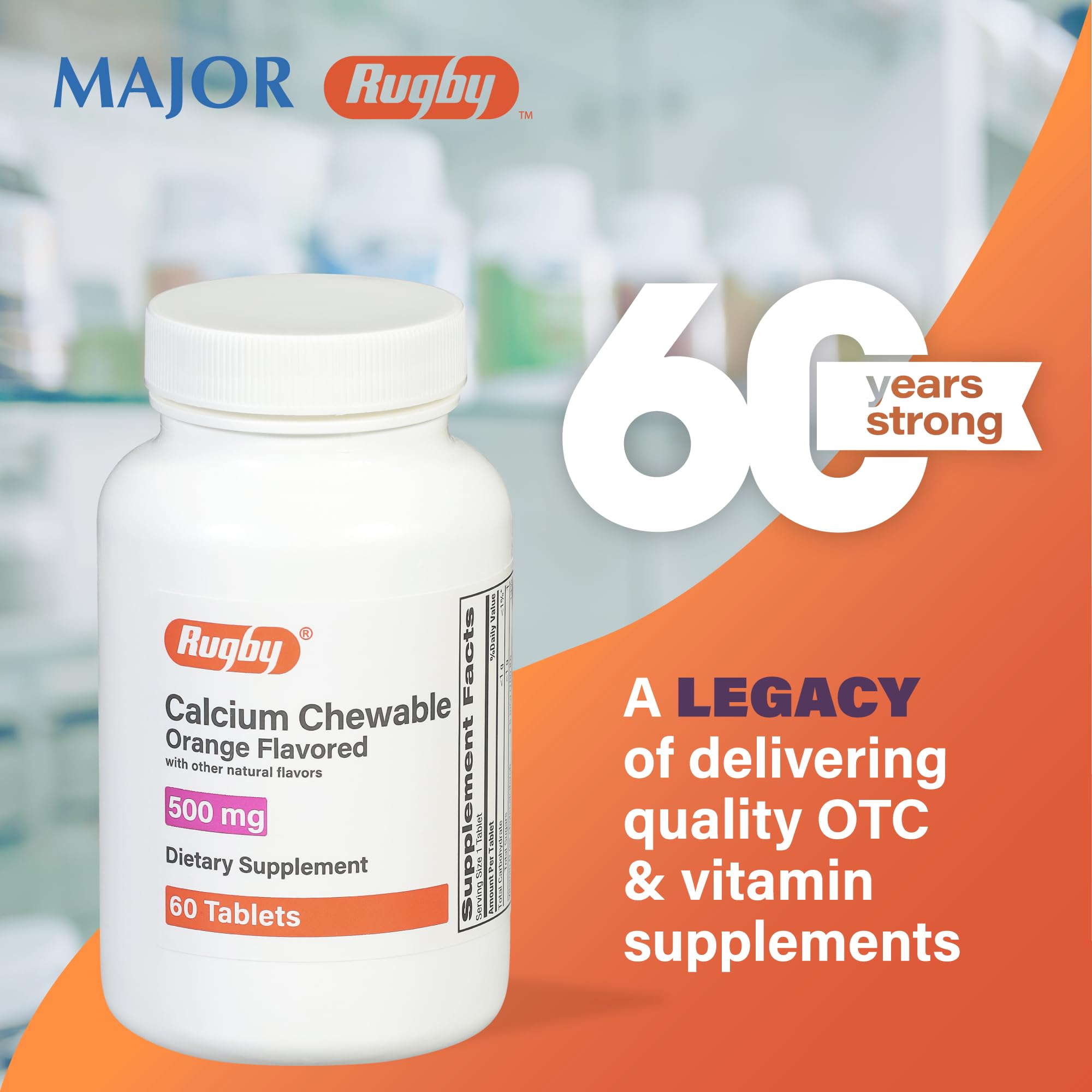 Rugby 500mg Calcium Chewable Tablets - Orange Flavor - 60 Count (2 Pack)