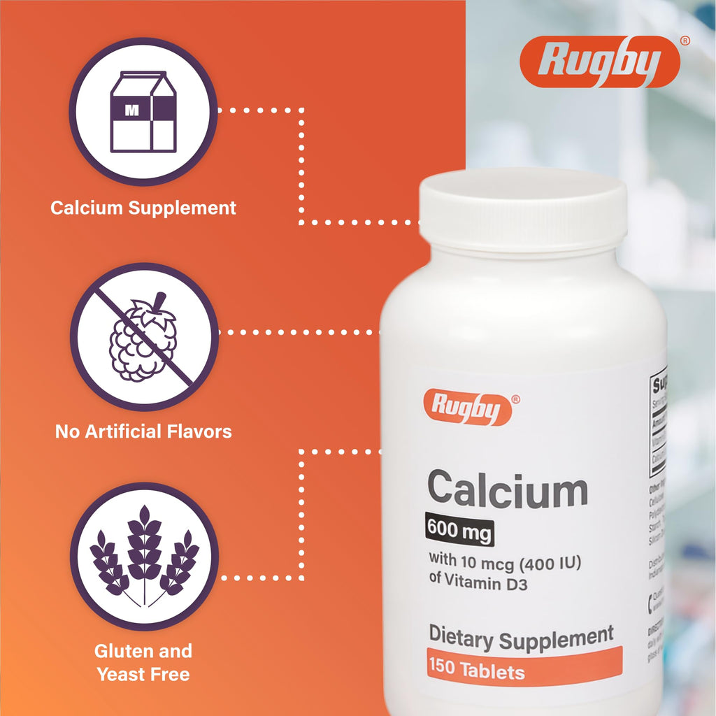 Rugby 600 mg Calcium Tablets with Vitamin D3 (400 IU) – 150 Tablets