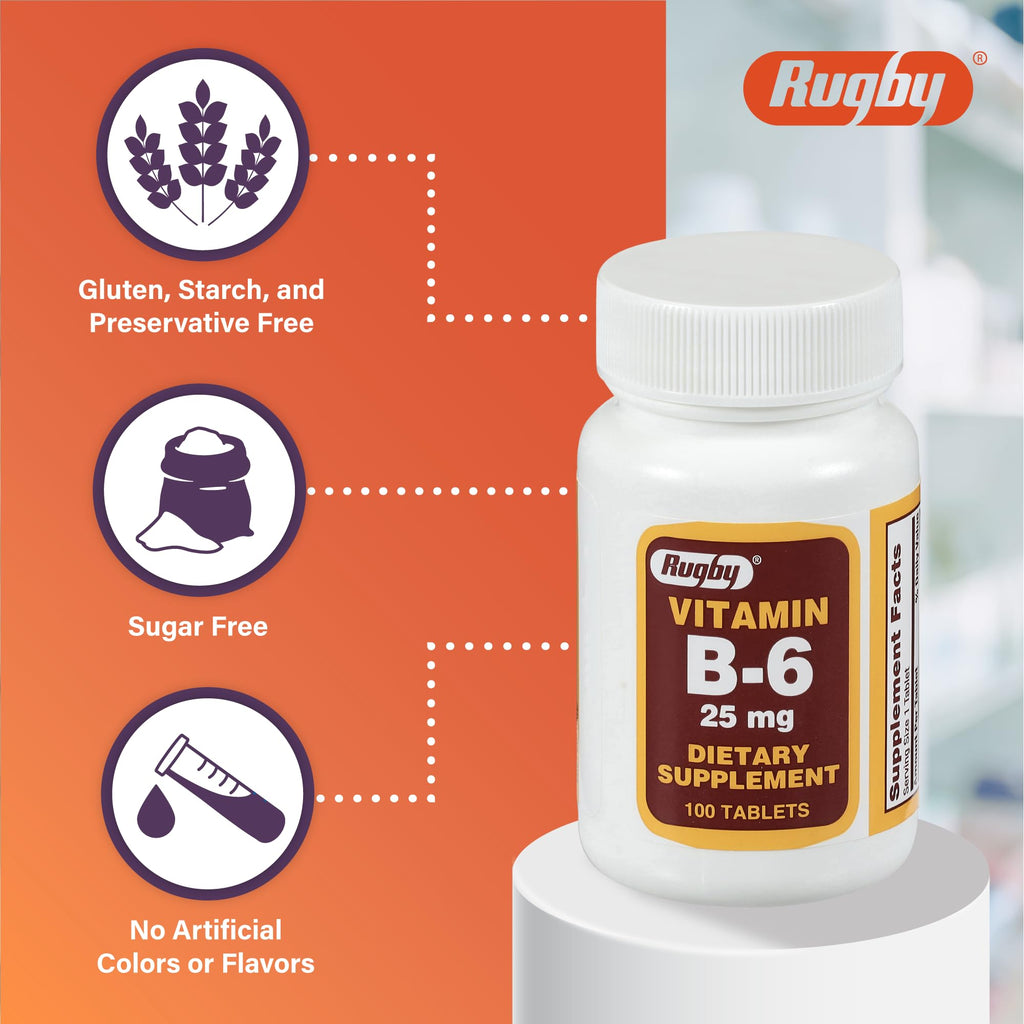 Rugby Vitamin B-6 Tablets 25mg – Dietary Supplement, 100 Count (1 Pack)