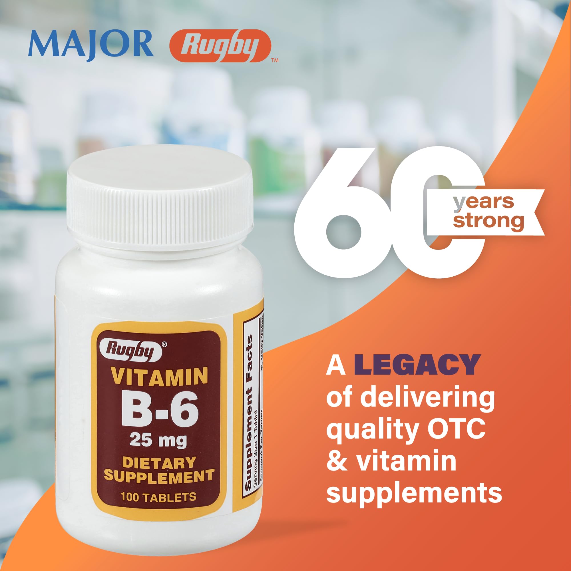 Rugby Vitamin B-6 Tablets 25mg – Dietary Supplement, 100 Count (1 Pack)
