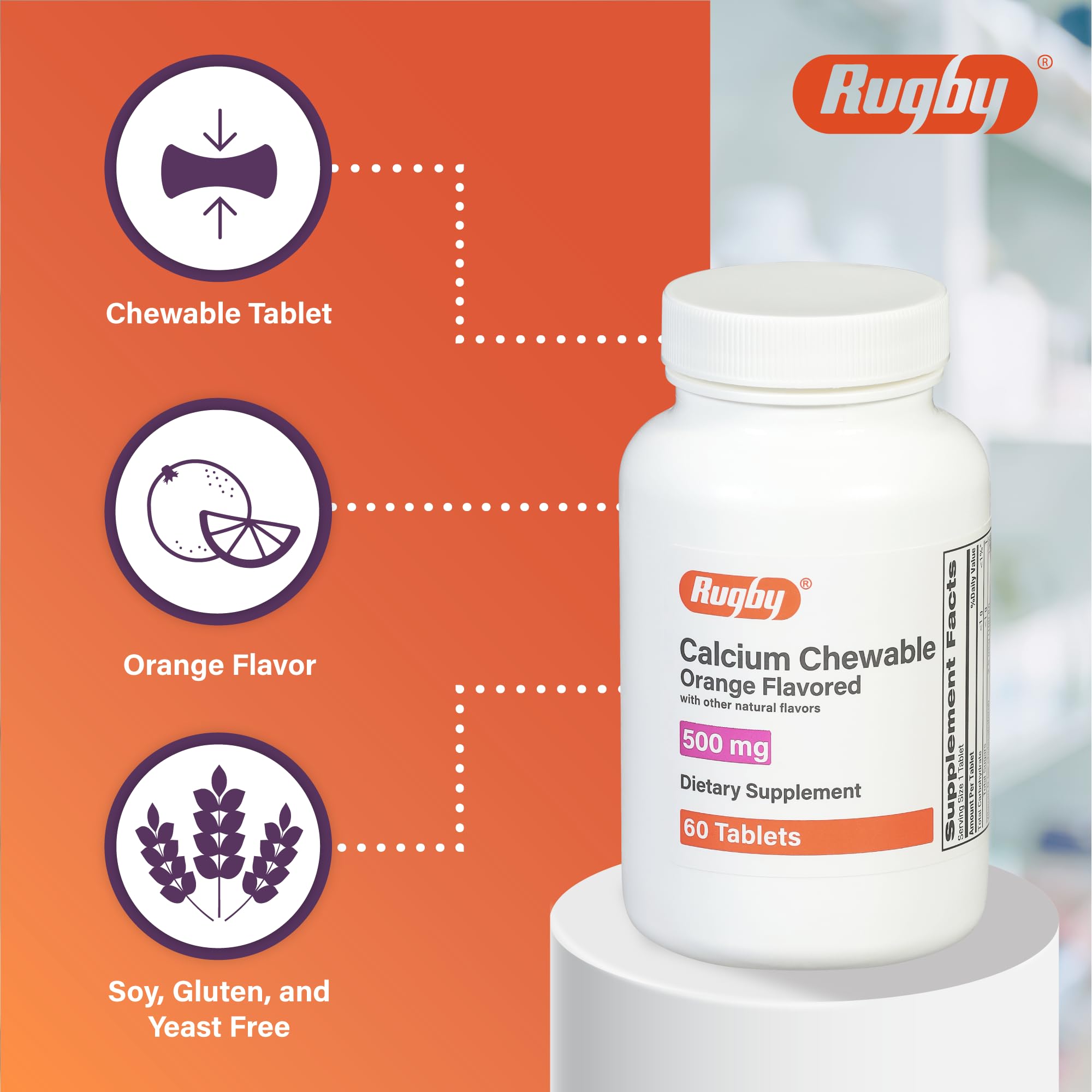 Rugby 500mg Calcium Chewable Tablets - Orange Flavor - 60 Count (1 Pack) | Dietary Supplement