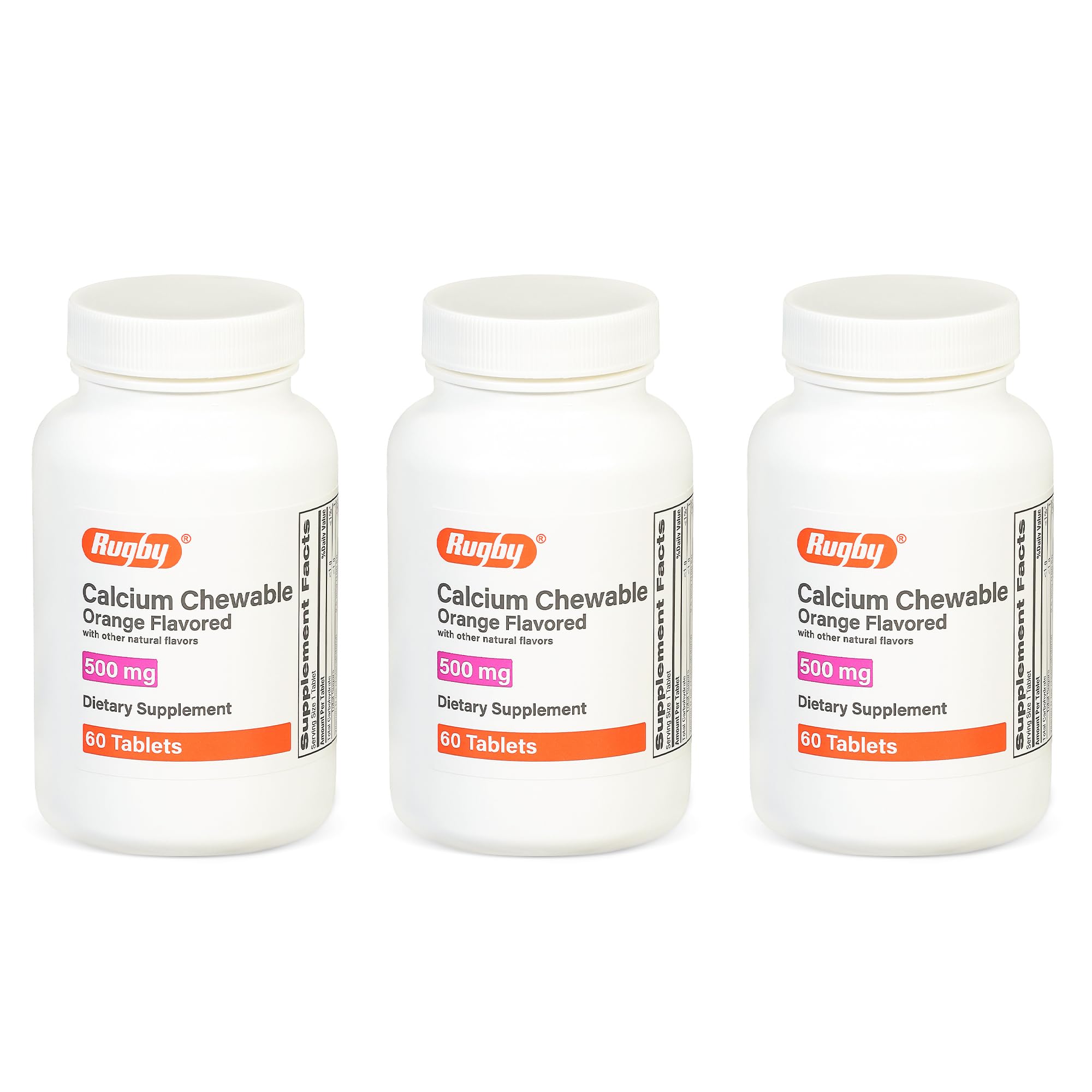 Rugby 500mg Calcium Chewable Tablets – Orange Flavor, Vitamin D 100 IU, 60 Count (3 Pack)