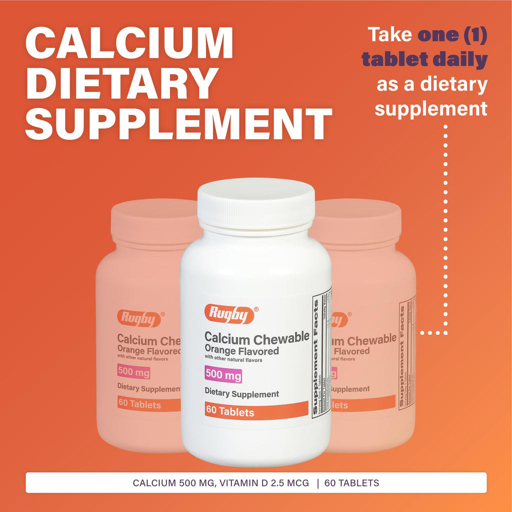 Rugby 500mg Calcium Chewable Tablets – Orange Flavor, Vitamin D 100 IU, 60 Count (3 Pack)