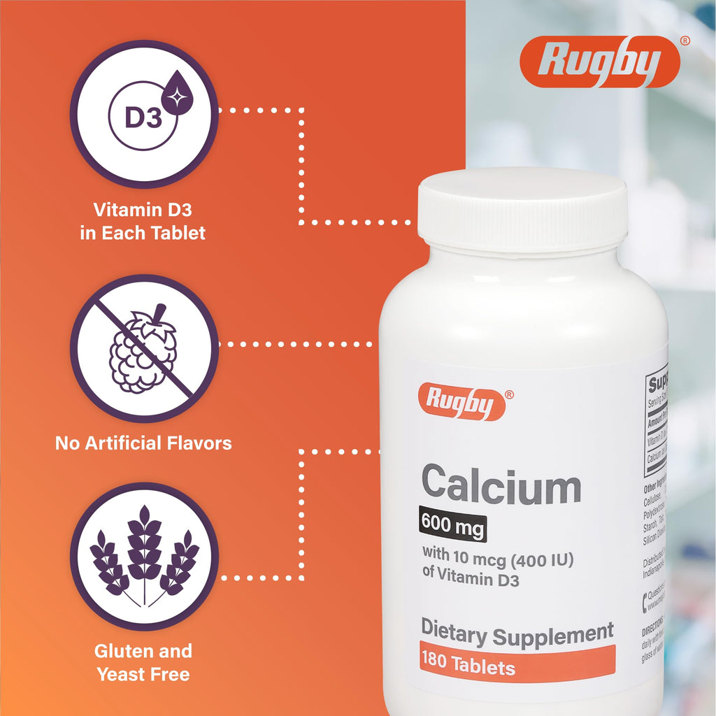 Rugby 600mg Calcium Tablets with 10mcg Vitamin D3 (400IU) – 180 Count, 2 Pack