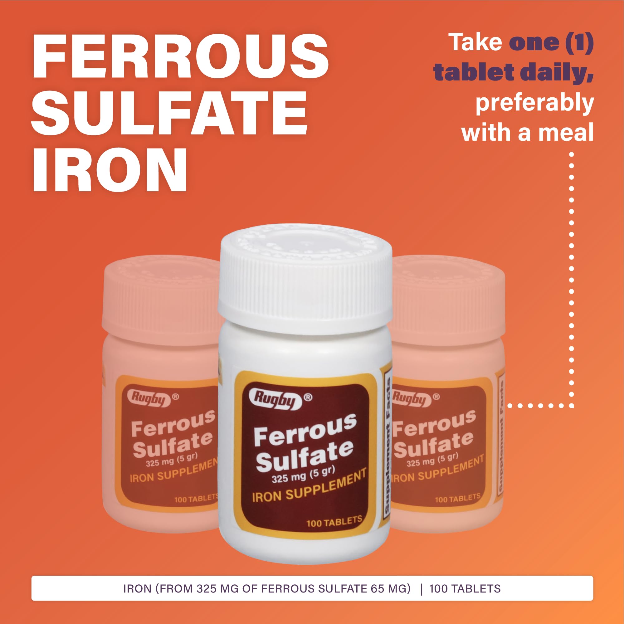 Rugby Ferrous Sulfate 325mg Tablets – Iron Supplement for Women & Men | 100 Count (1 Pack)
