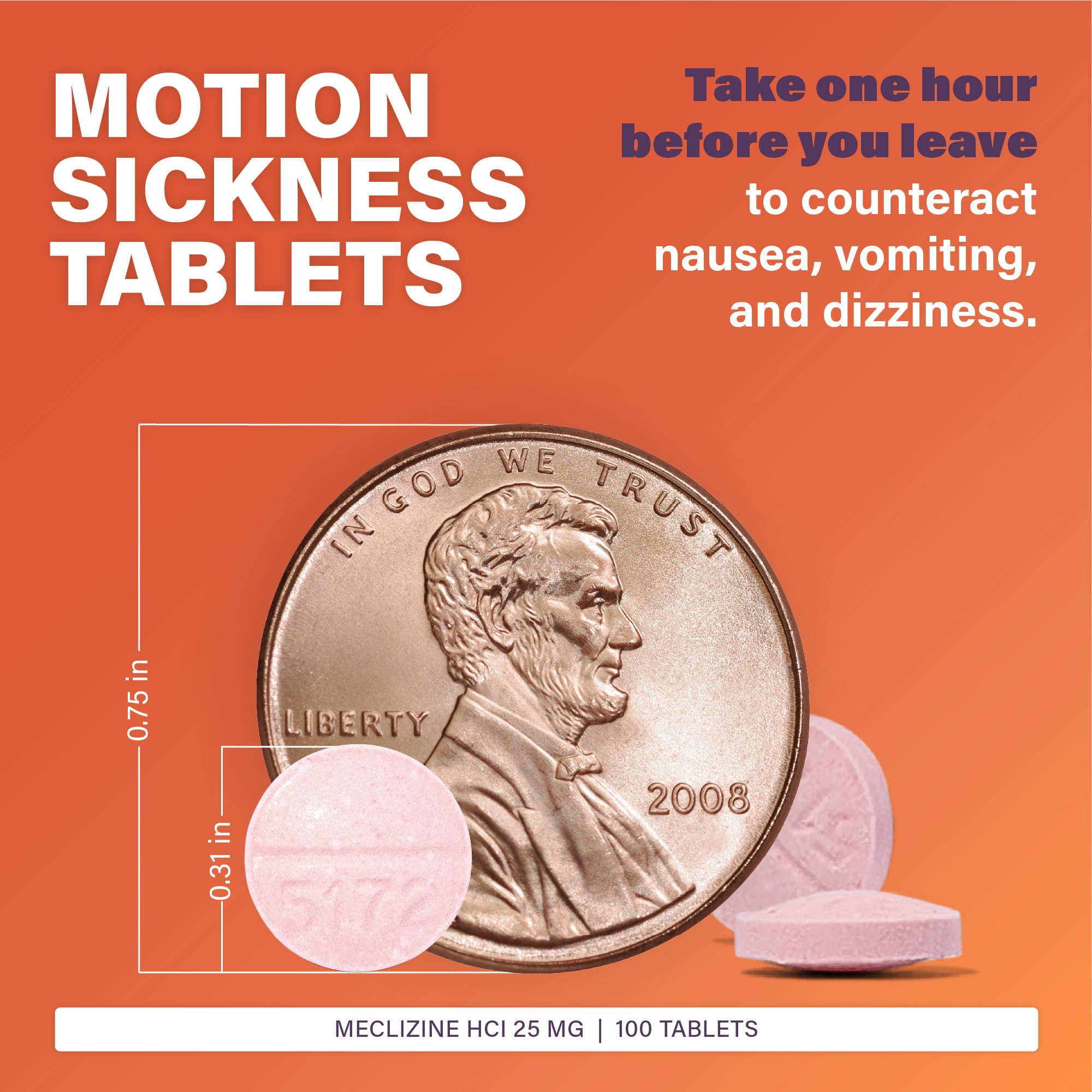 Rugby Meclizine 25mg Chewables – Motion Sickness Relief, 100 Count (3 Pack) | Rugby Laboratories