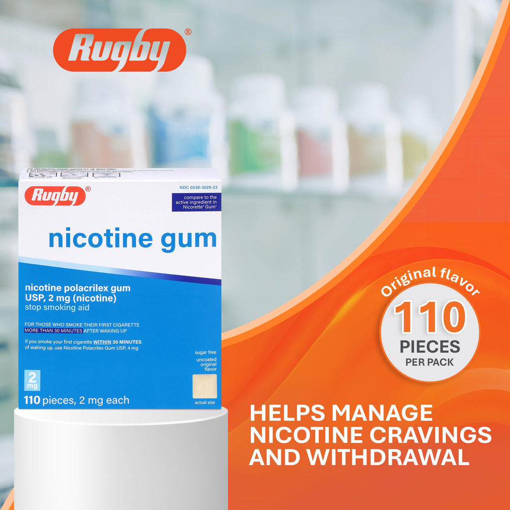 Rugby Polacrilex 2mg Nicotine Gum – Original Flavor, Sugar-Free, 110 Count (4-Pack)