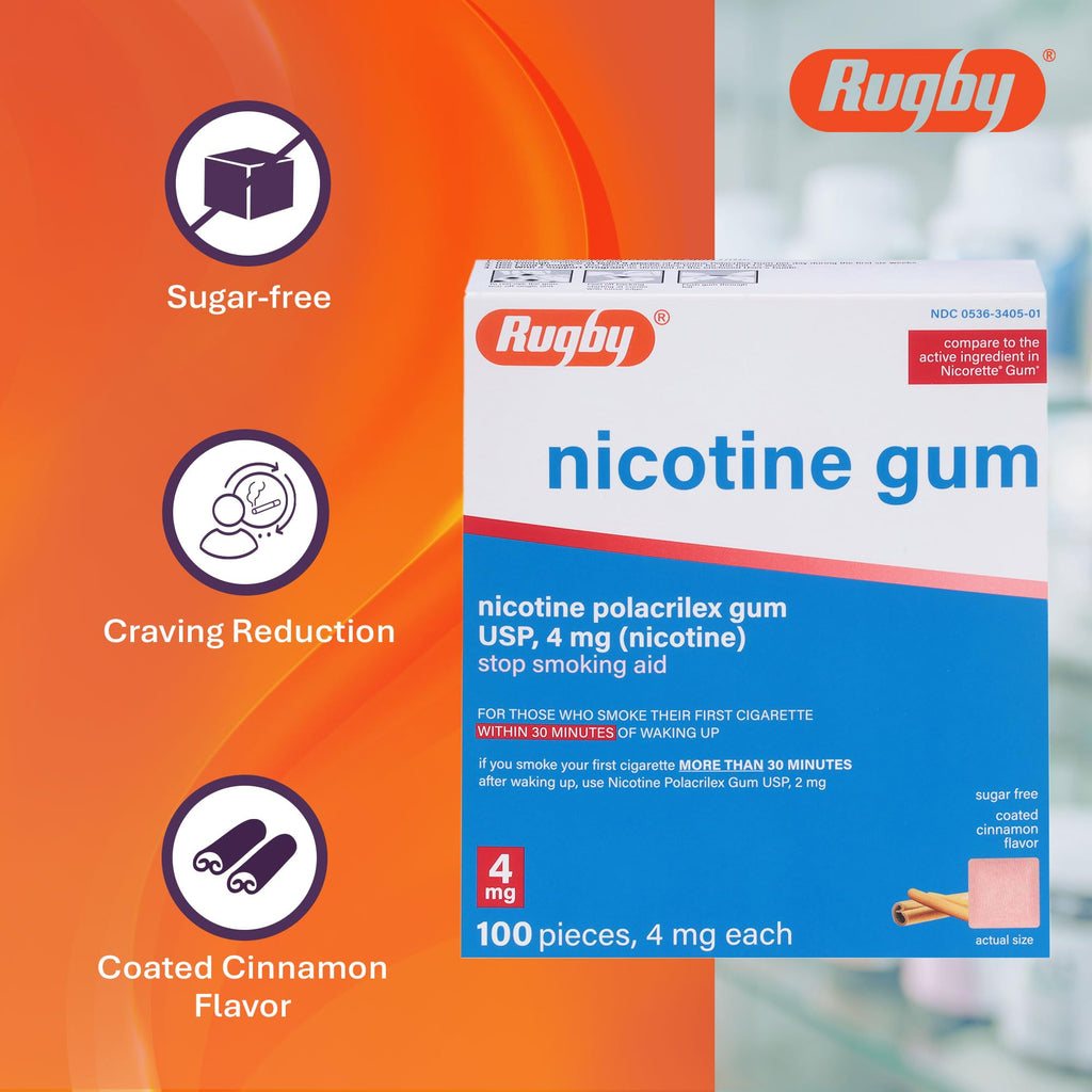 Rugby Polacrilex 4mg Nicotine Gum – Cinnamon Flavor, Sugar-Free, 100 Count (4 Pack)