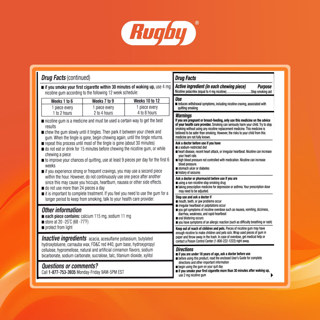 Rugby Polacrilex 4mg Nicotine Gum – Cinnamon Flavor, Sugar-Free, 100 Count (4 Pack)