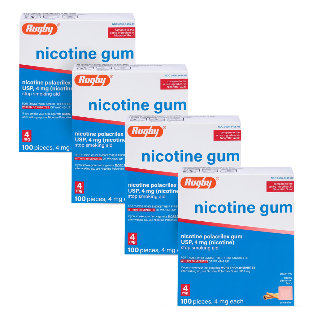 Rugby Polacrilex 4mg Nicotine Gum – Cinnamon Flavor, Sugar-Free, 100 Count (4 Pack)