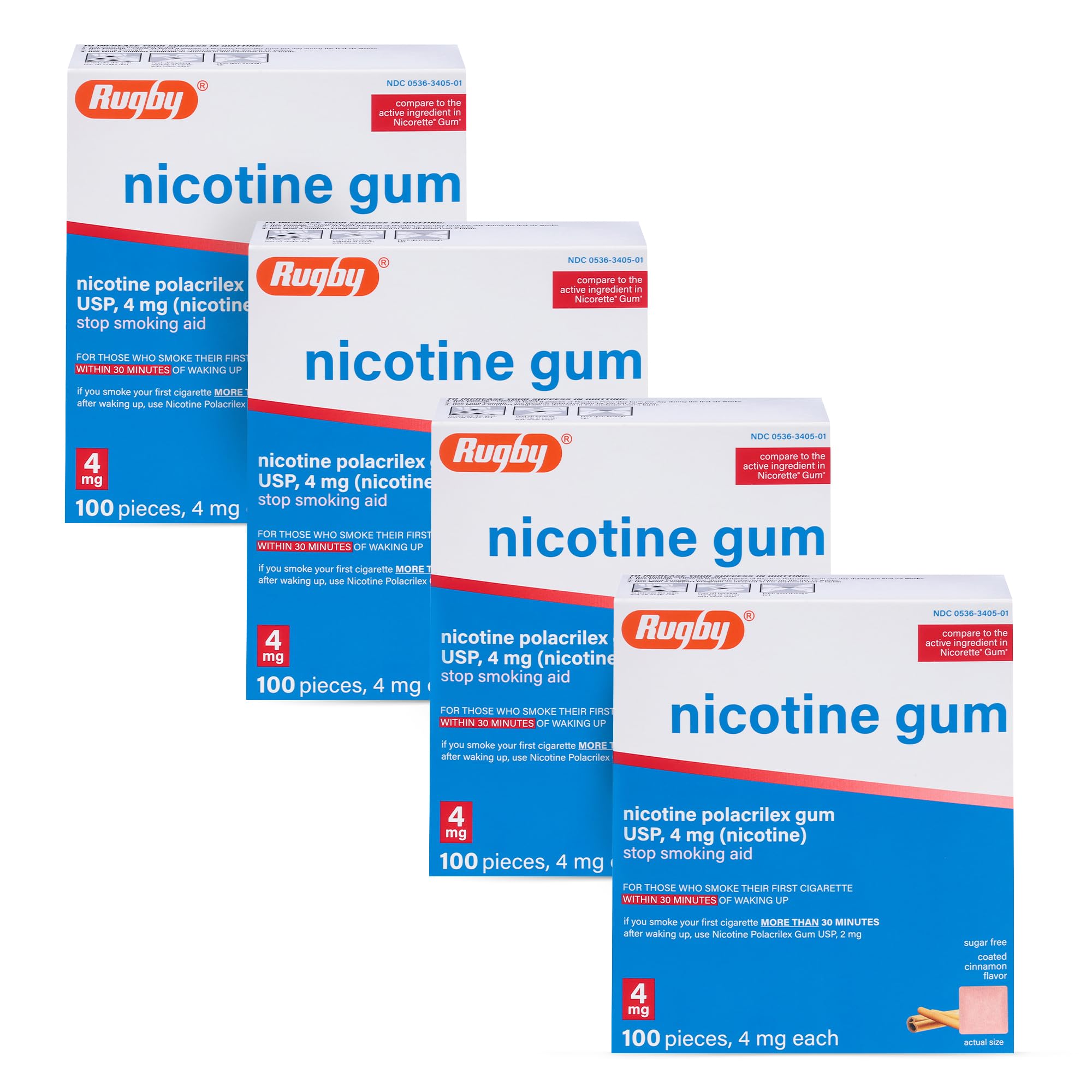 Rugby Polacrilex 4mg Nicotine Gum – Cinnamon Flavor, Sugar-Free, 100 Count (4 Pack)