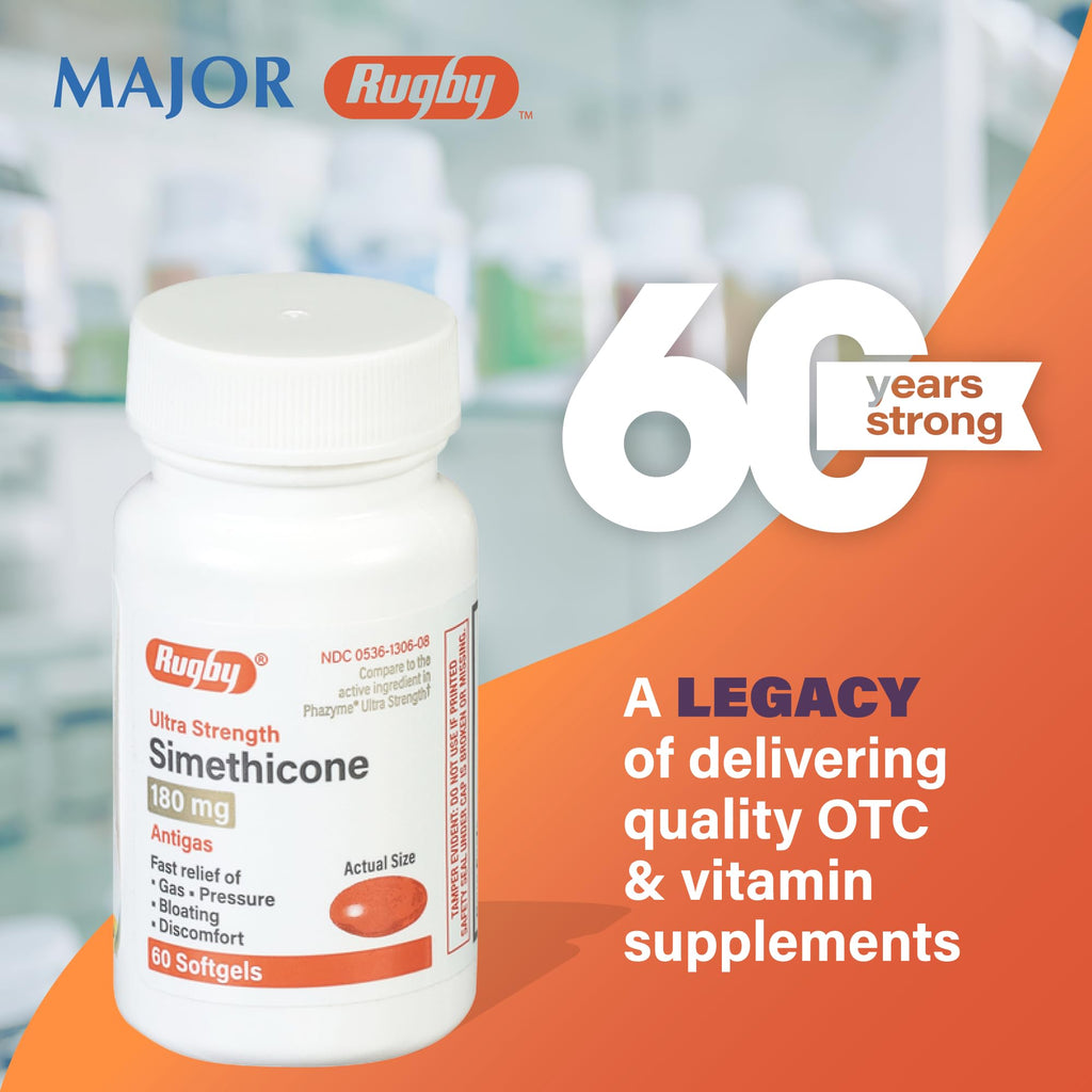 Rugby Ultra Strength Simethicone Gas Relief 180 mg – 60 Softgels (10-Pack) for Adults