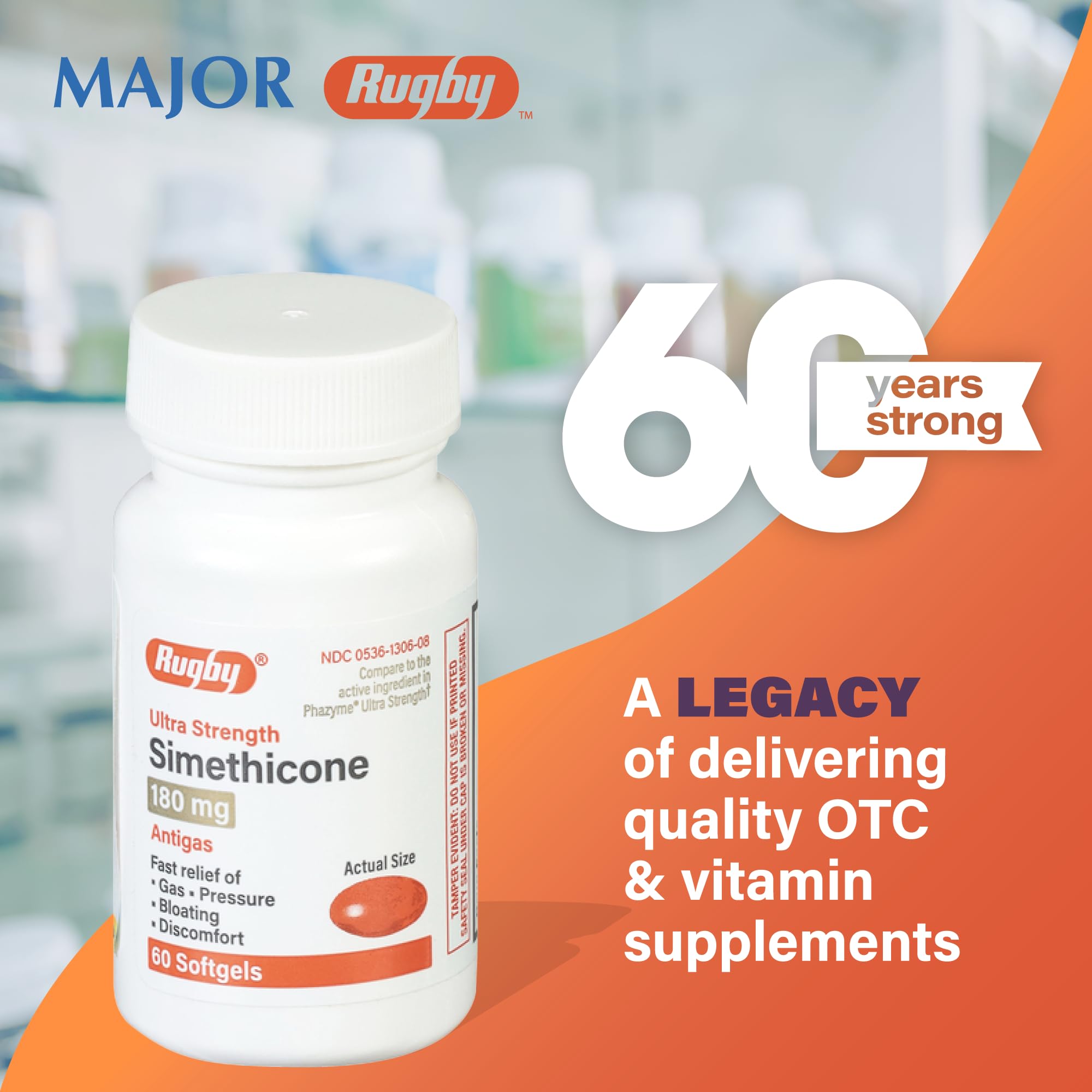 Rugby Ultra Strength Simethicone Gas Relief 180 mg — Maximum Gas Relief for Adults | 60 Softgels