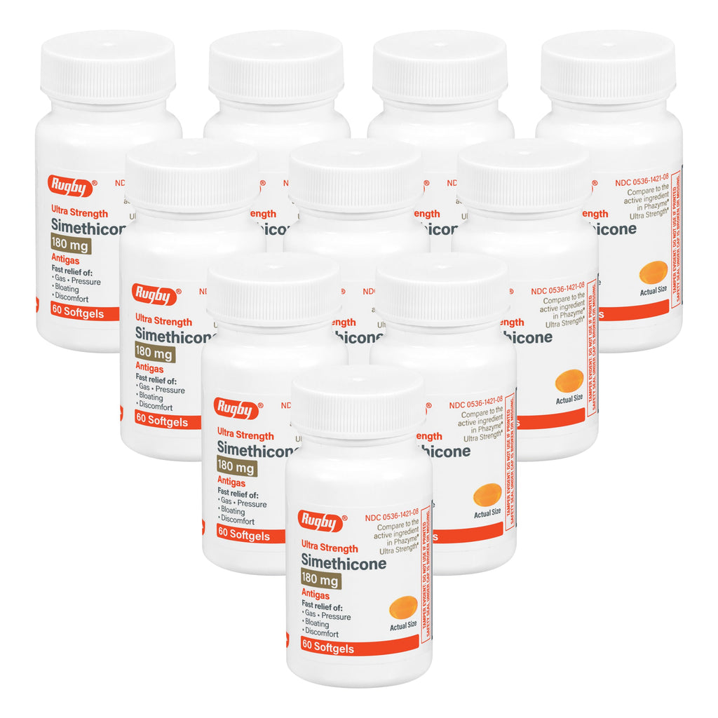 Rugby Ultra Strength Simethicone Gas Relief 180 mg – 60 Softgels (10-Pack) for Adults