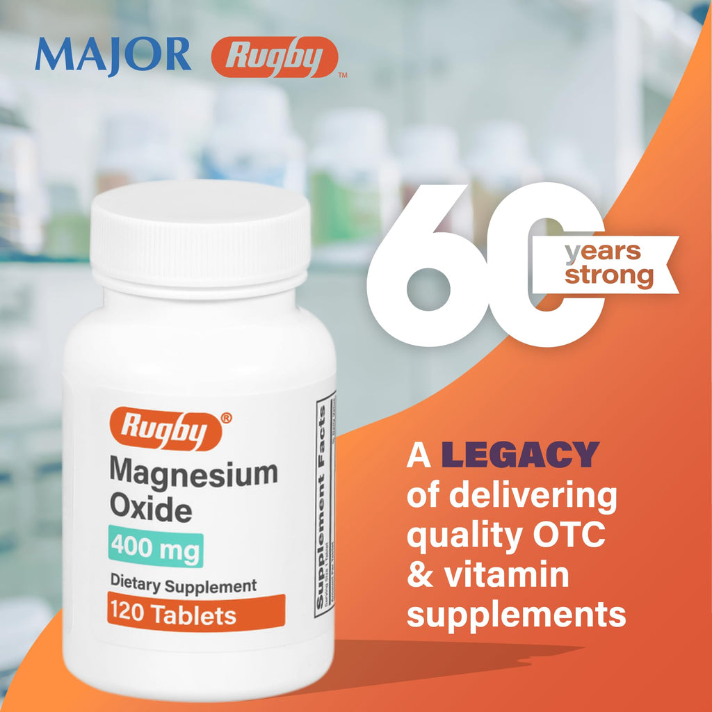 Rugby Magnesium Oxide 400 mg Tablets | Gluten-Free Dietary Supplement | 120 Count