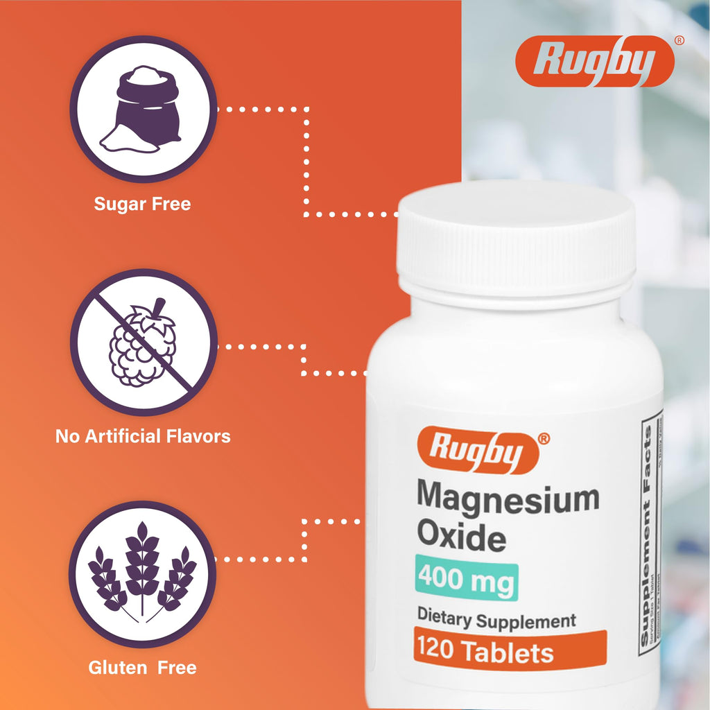 Rugby Magnesium Oxide 400 mg Tablets | Gluten-Free Dietary Supplement | 120 Count