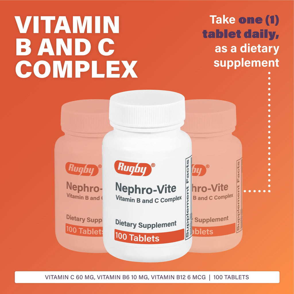 Rugby Nephro-Vite Vitamin B and C Complex Tablets – Dietary Supplement (100 Count) 3 Pack