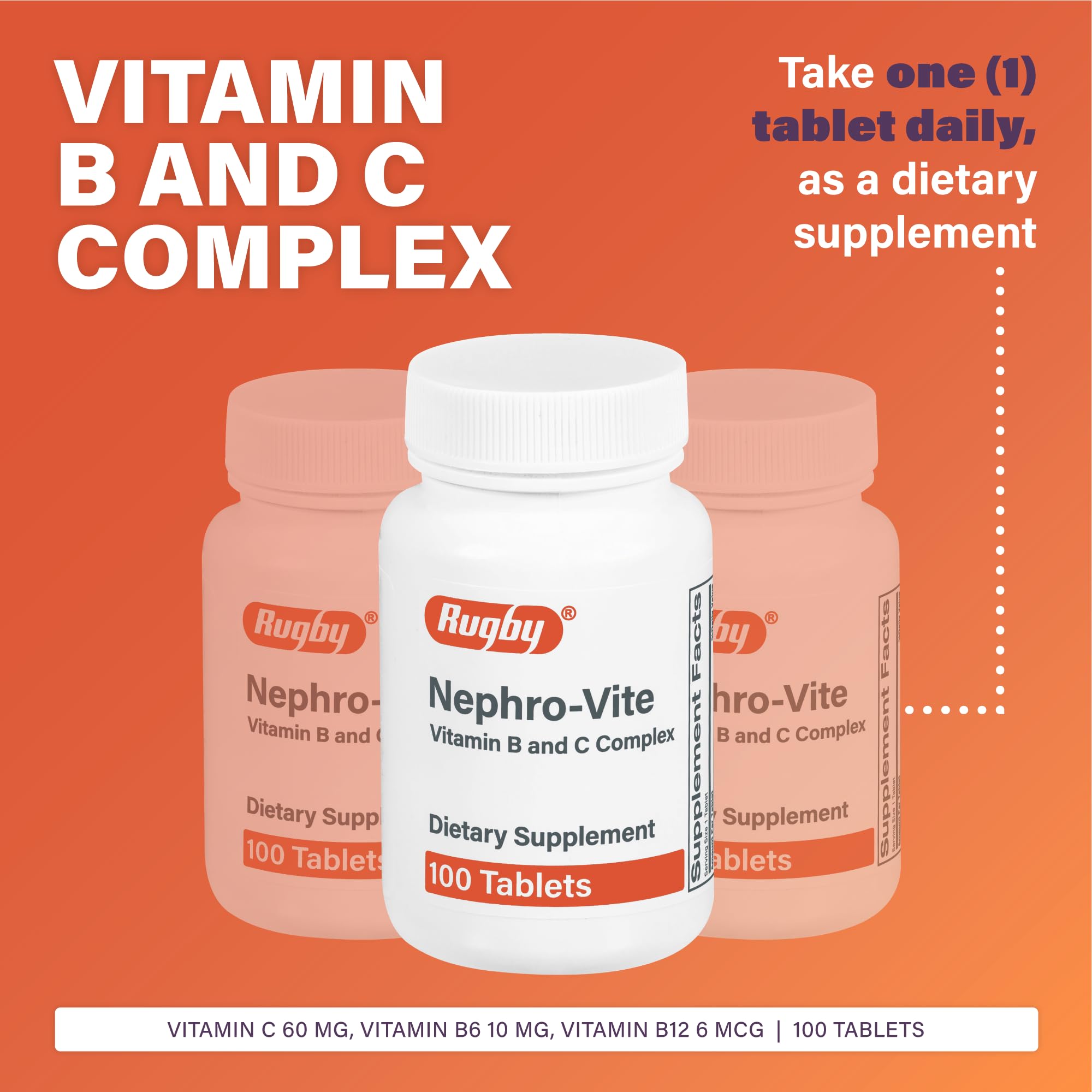 Rugby Nephro-Vite Vitamin B and C Complex Tablets – Dietary Supplement (100 Count) 3 Pack