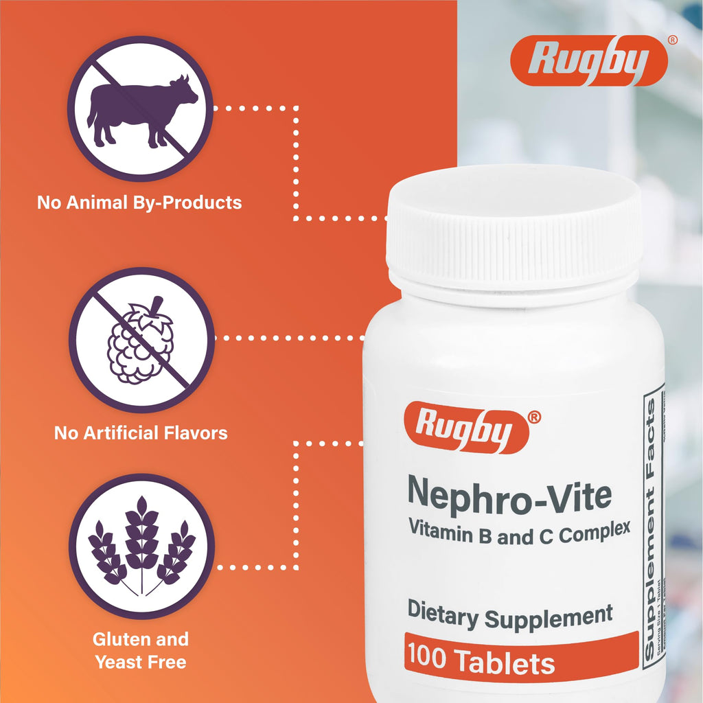 Rugby Nephro-Vite Vitamin B & C Complex Tablets - Dietary Supplement - 100 Count (2 Pack)