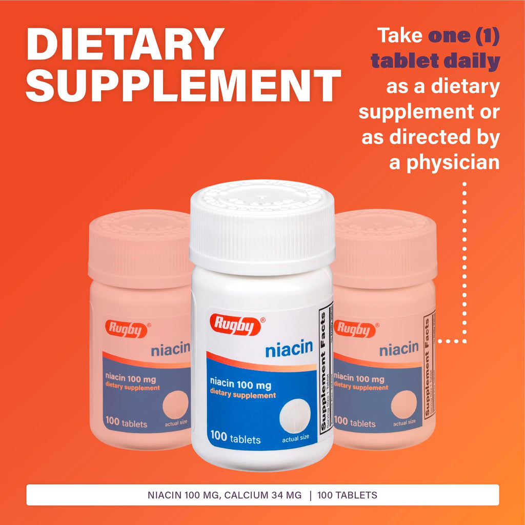 Rugby Niacin 100mg – Niacin Tablets with Calcium (Dietary Supplement, 100 Count)