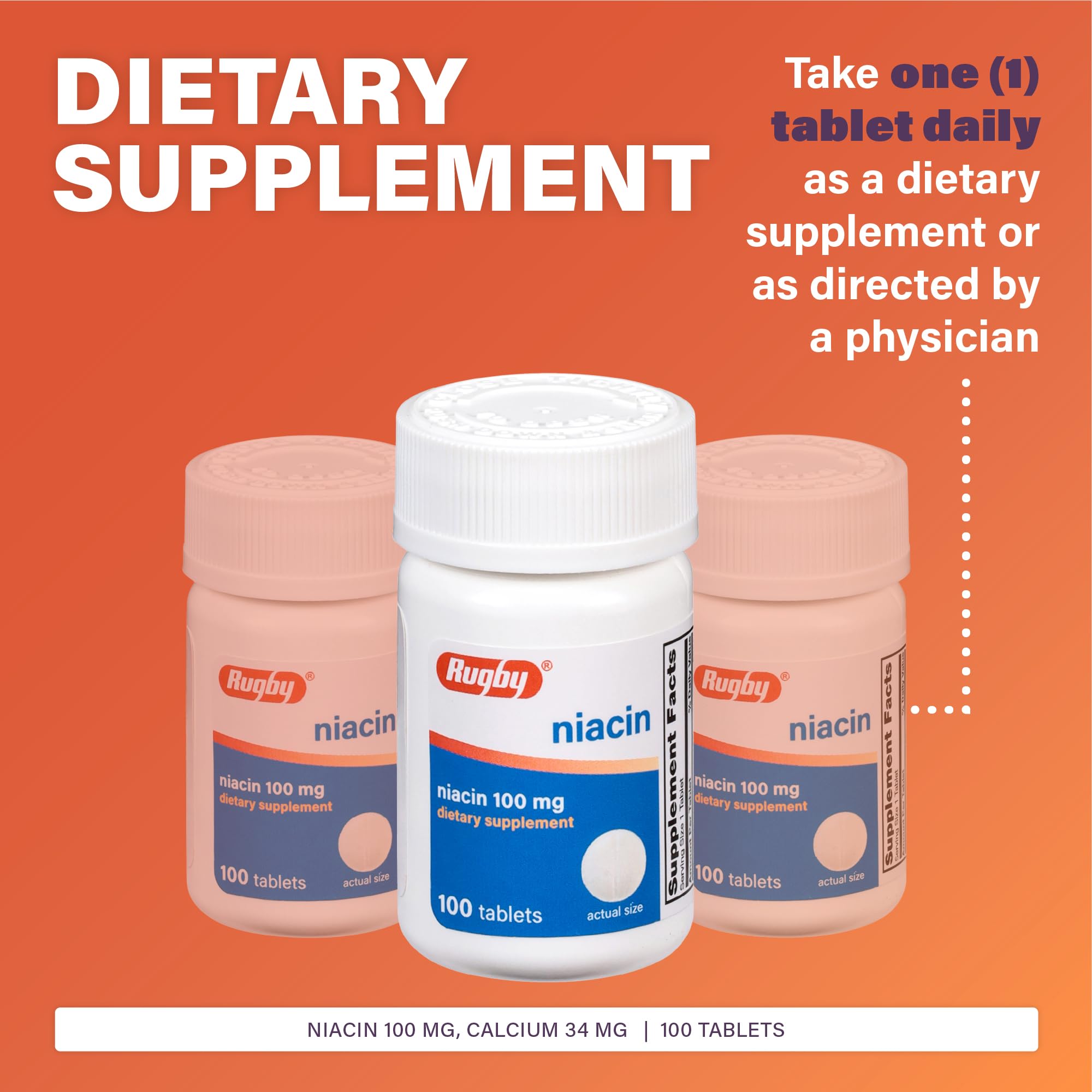 Rugby Niacin 100mg – Niacin Tablets with Calcium (Dietary Supplement, 100 Count)