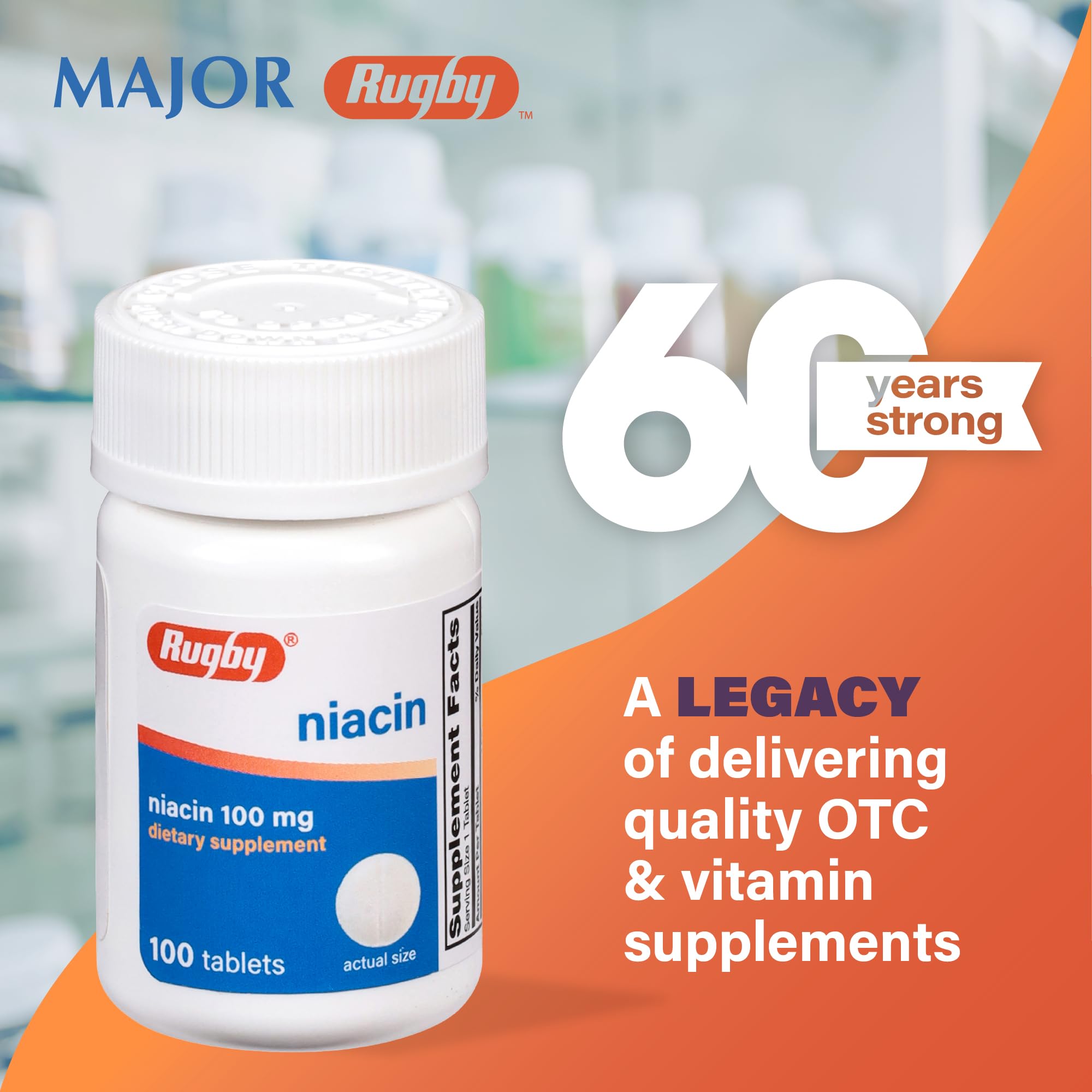 Rugby Niacin 100mg – Niacin Tablets with Calcium (Dietary Supplement, 100 Count)