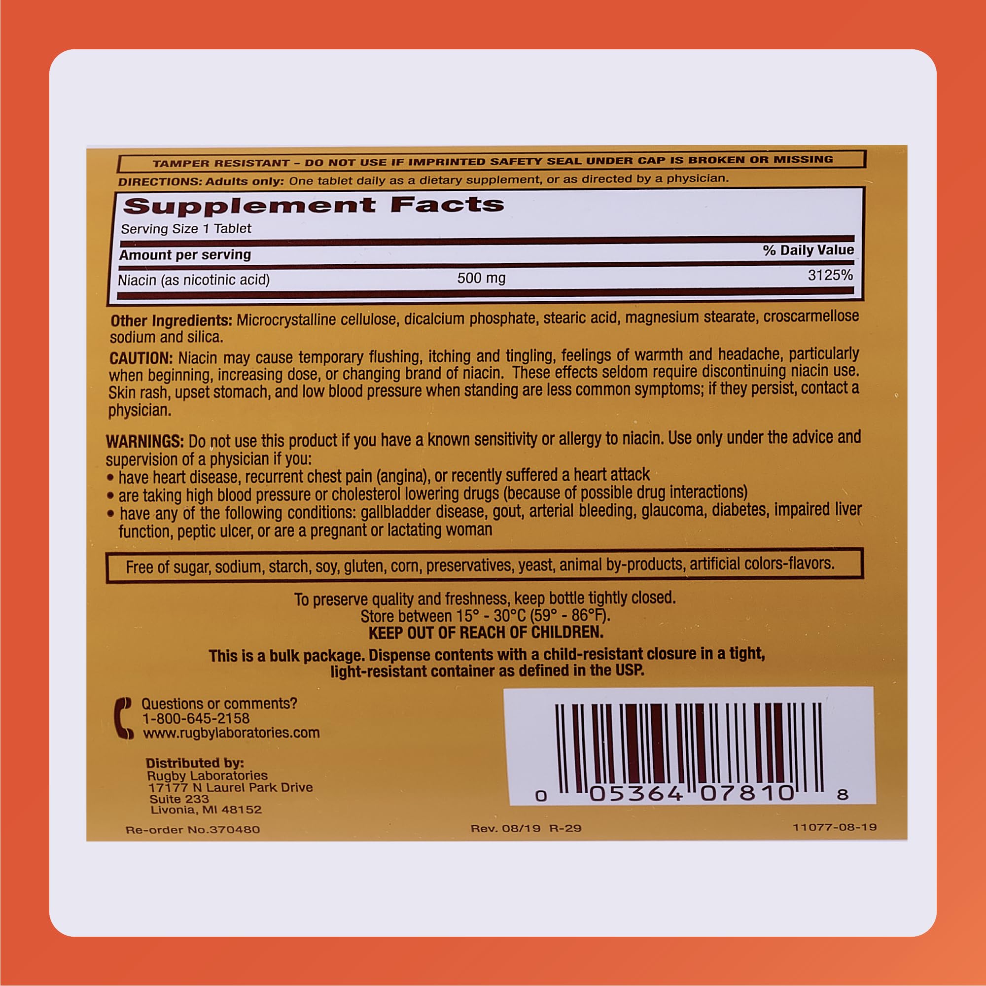 Rugby Niacin 500mg - Vitamin B3 Supplement for Men & Women - 1,000 Tablets (1-Pack) | Rugby Labs