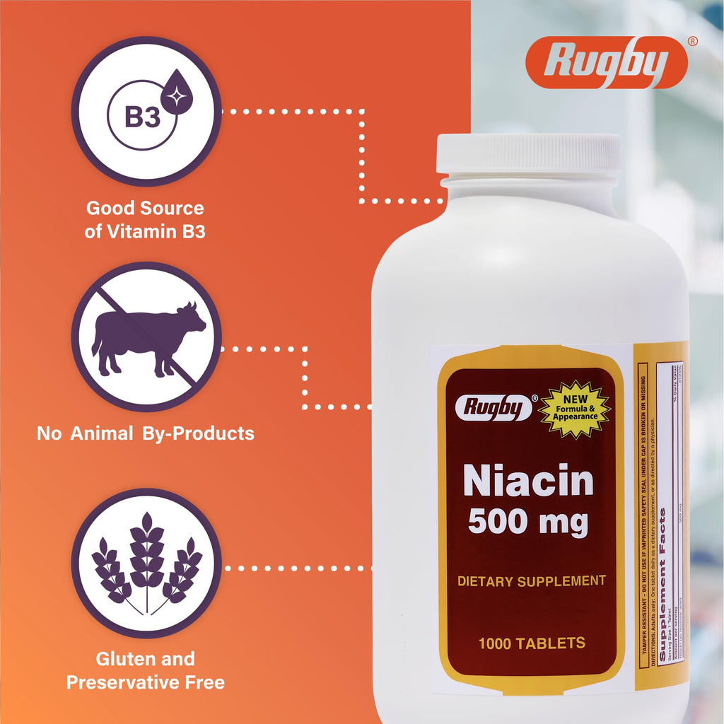 Rugby Niacin 500mg - Vitamin B3 Supplement for Men & Women - 1,000 Tablets (1-Pack) | Rugby Labs