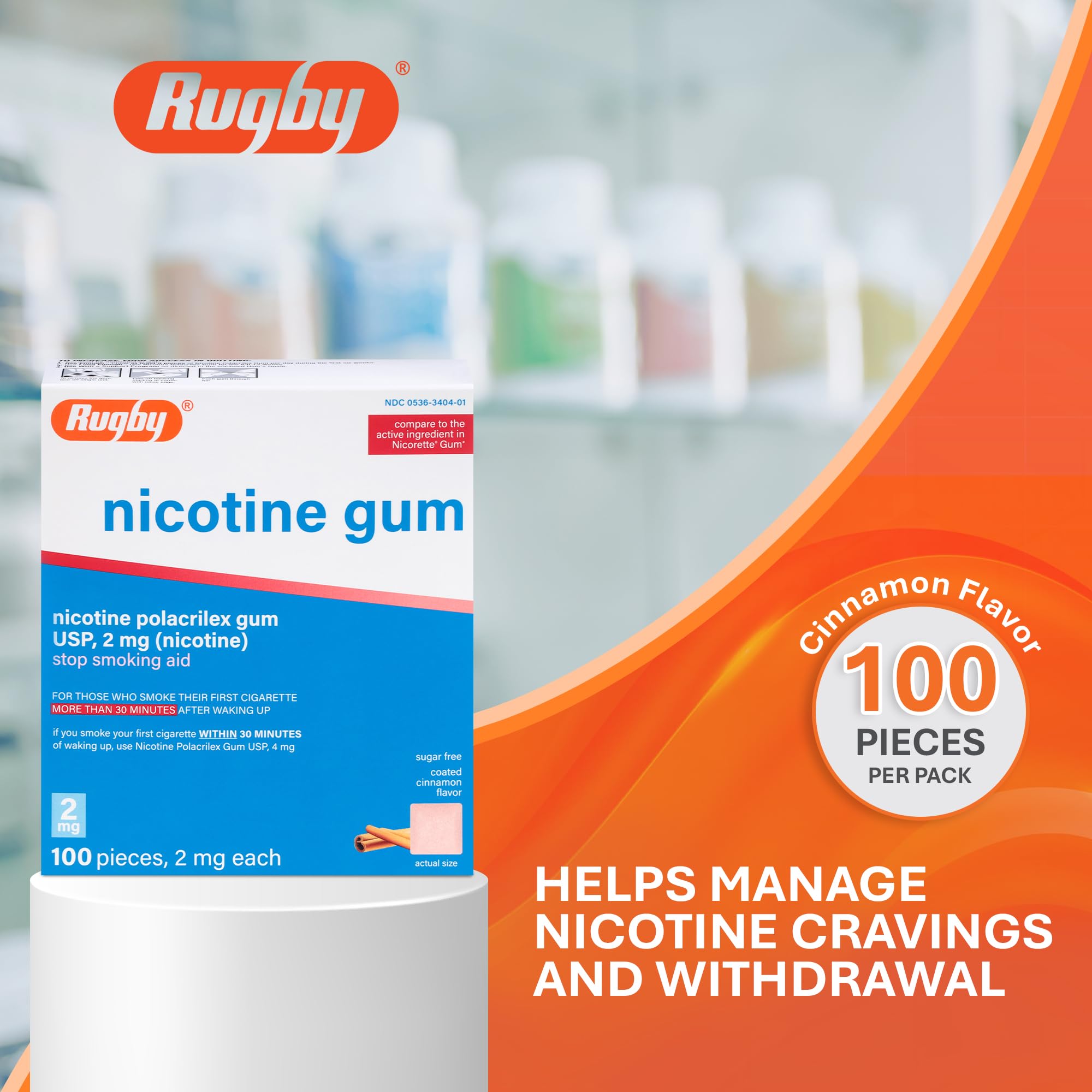 Rugby Polacrilex 2mg Nicotine Gum – Cinnamon Flavor, Sugar-Free (100 Count, 4 Pack)