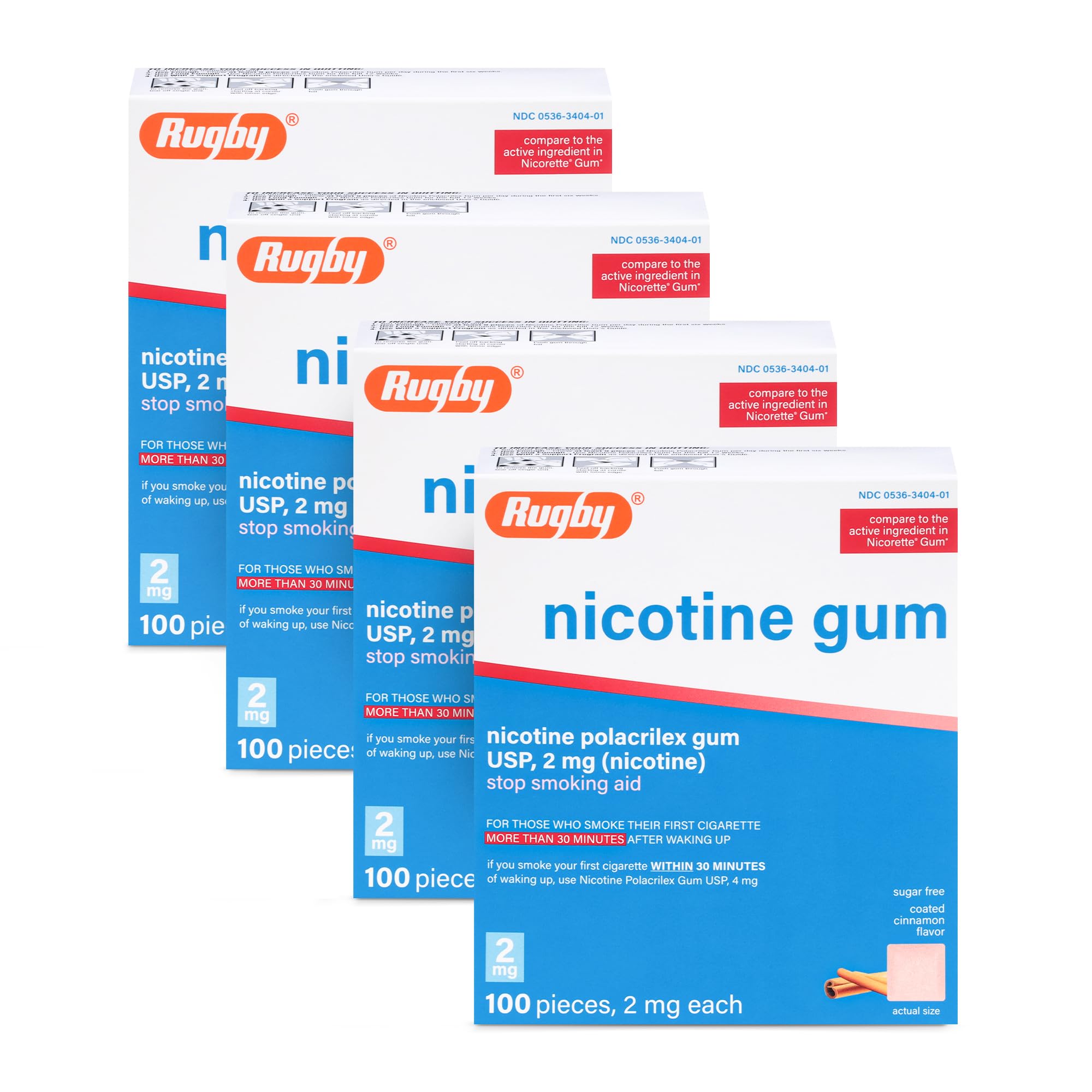 Rugby Polacrilex 2mg Nicotine Gum – Cinnamon Flavor, Sugar-Free (100 Count, 4 Pack)